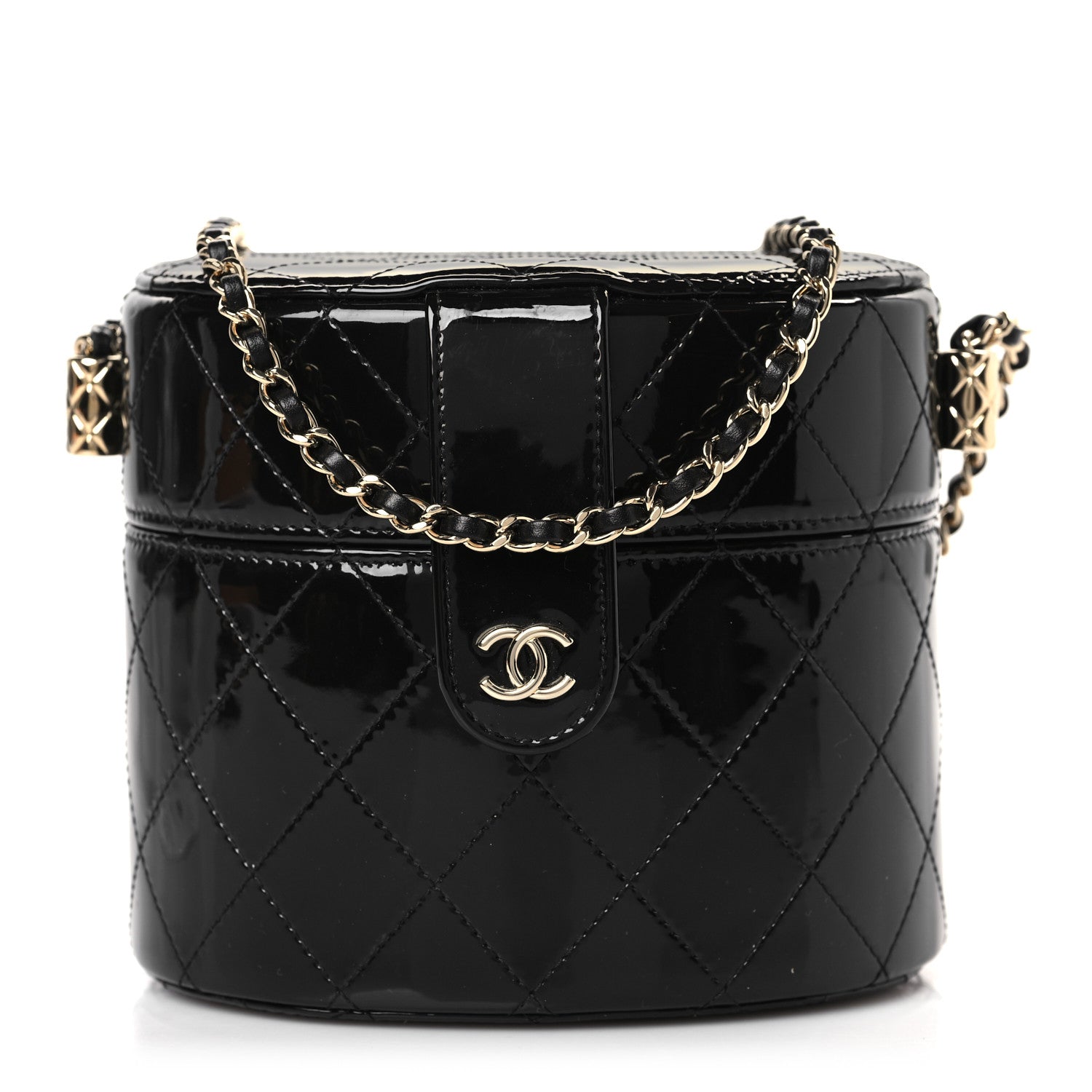 Chanel Patent Quilted Round Clutch With Chain Black 1 of 10