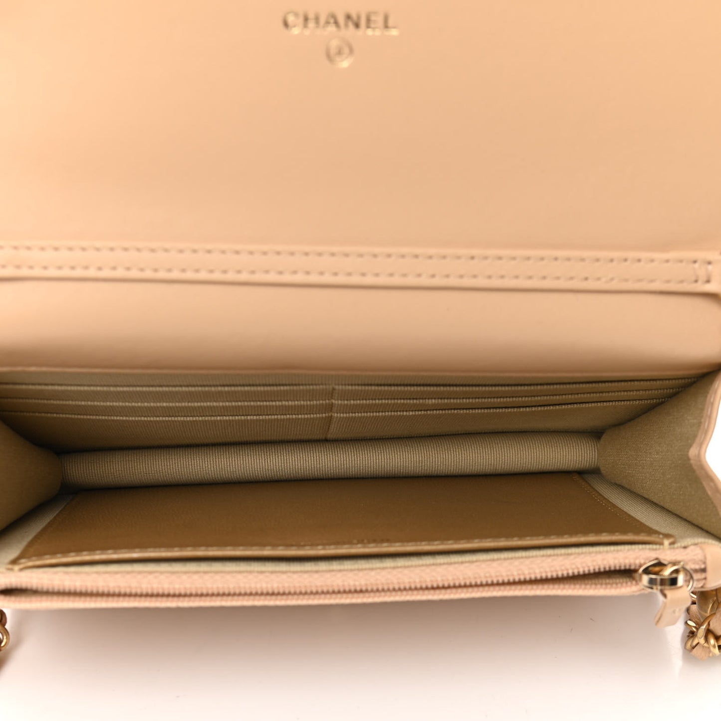 Lambskin Quilted CC Pearl Crush Wallet on Chain WOC Beige