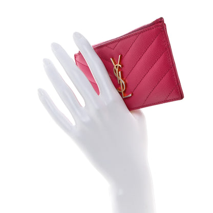 Saint Laurent Grain De Poudre Matelasse Chevron Monogram Fragments Zippered Card Case Fresh Fuxia 2 of 8