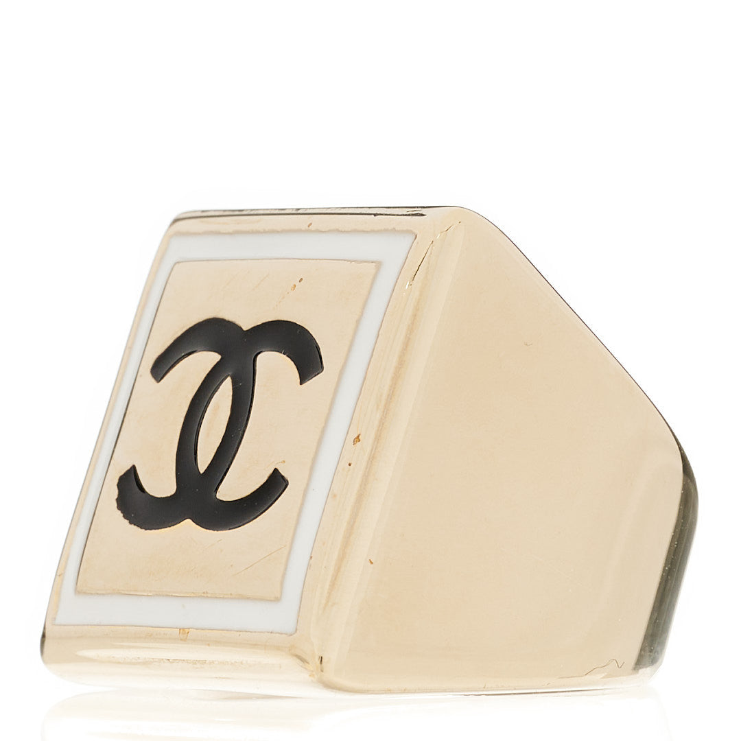 Metal Enamel CC Square Ring 6.75 54 Black Gold