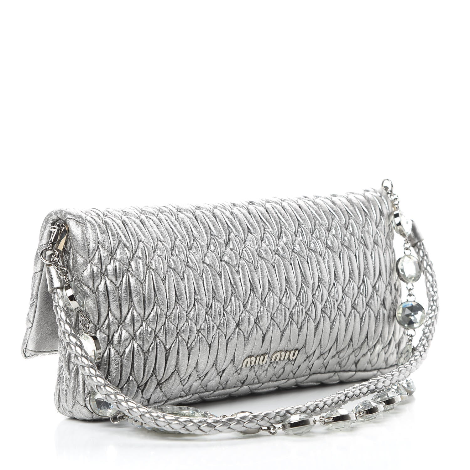Miu Miu Nappa Matelasse Crystal Flap Clutch Cromo 3 of 13