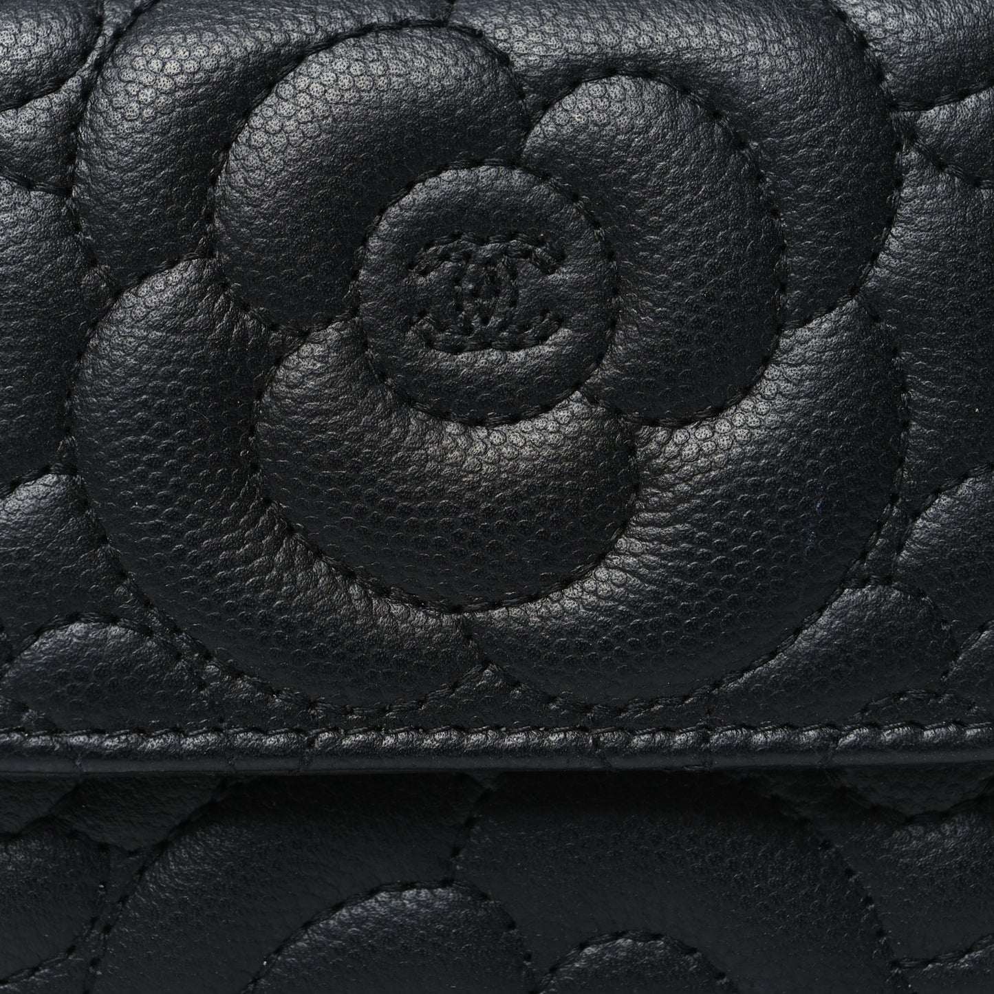 Caviar Camellia Embossed Compact Wallet Black