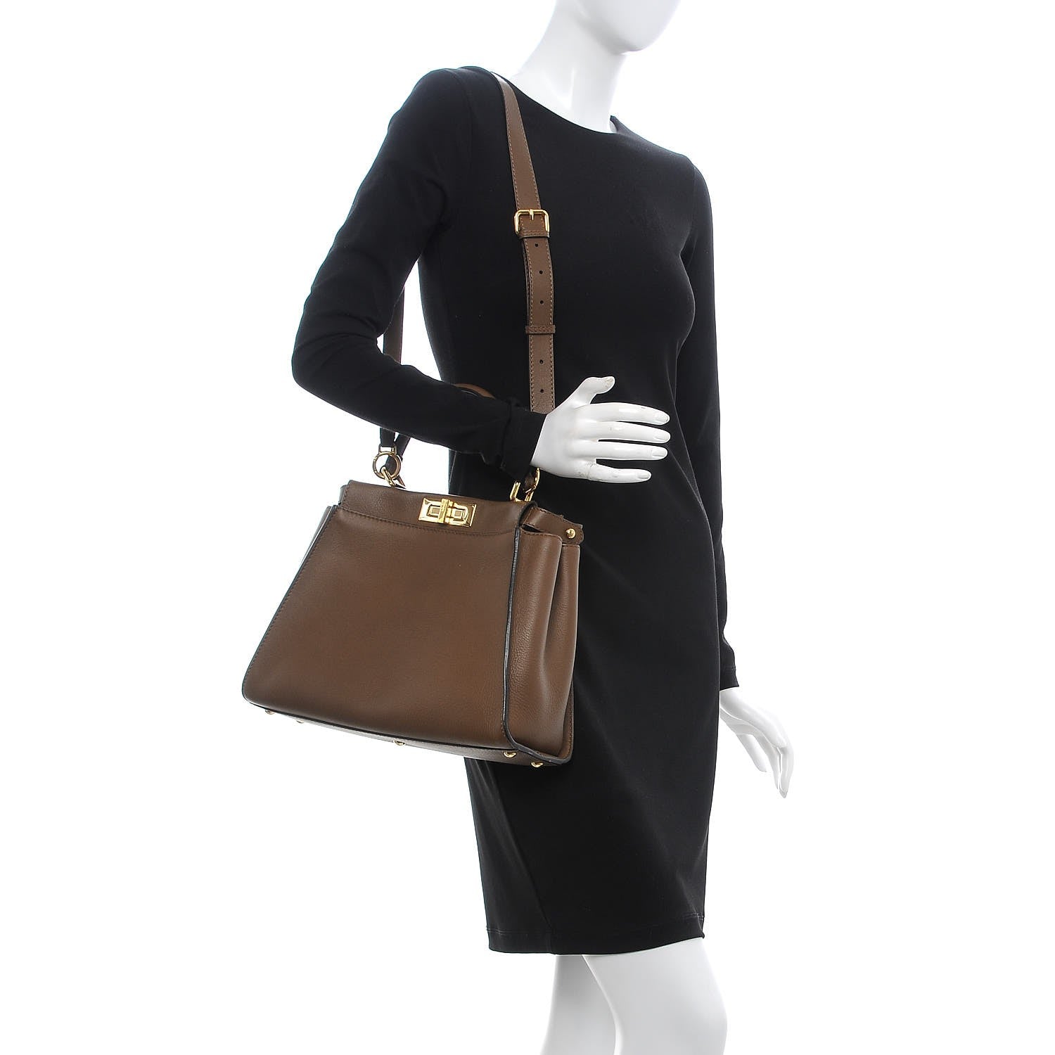Fendi Vitello Seta Fabric Jacquard Pequin Medium Peekaboo Iconic Satchel Foresta Tobacco 2 of 11