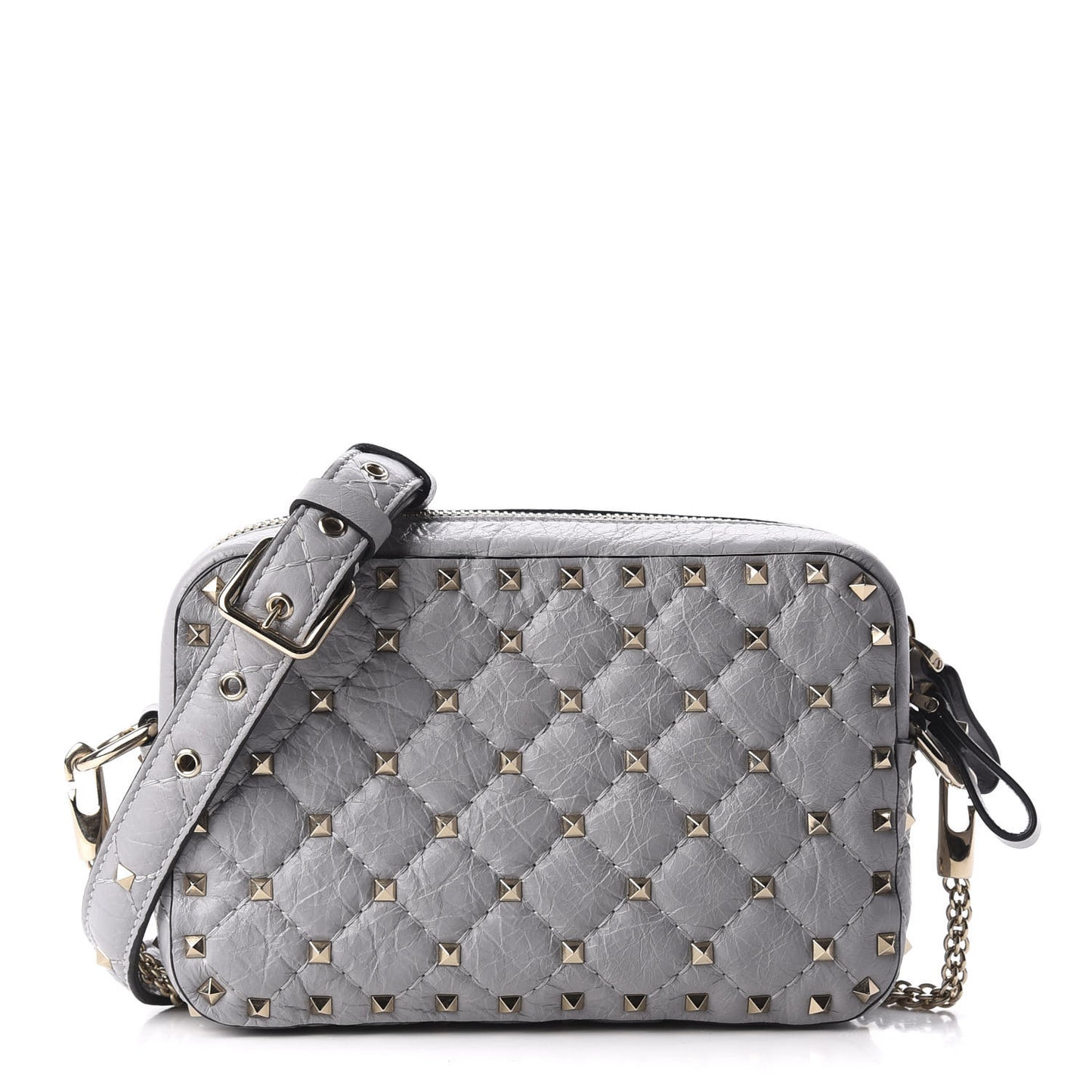 Craquele Nappa Rockstud Spike Camera Crossbody Bag Pastel Grey
