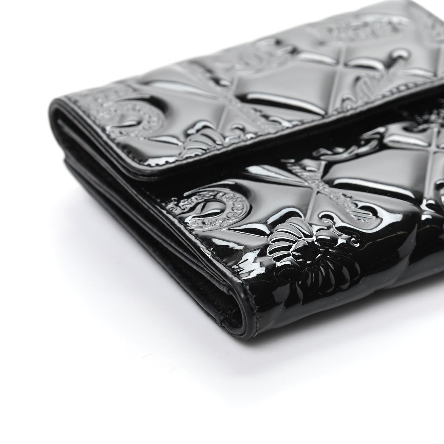 Patent Calfskin Lucky Symbols Compact French Flap Wallet Black