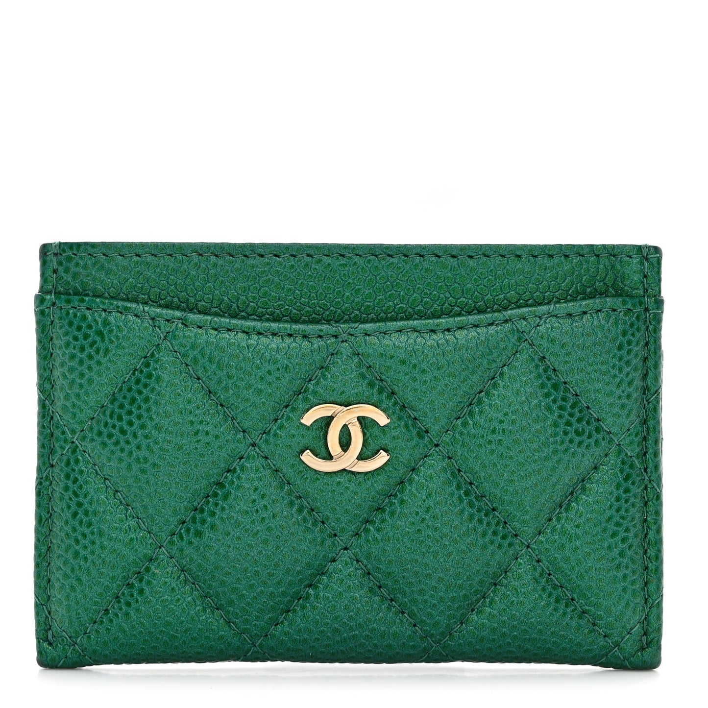 Metallic Caviar Quilted Card Holder Green