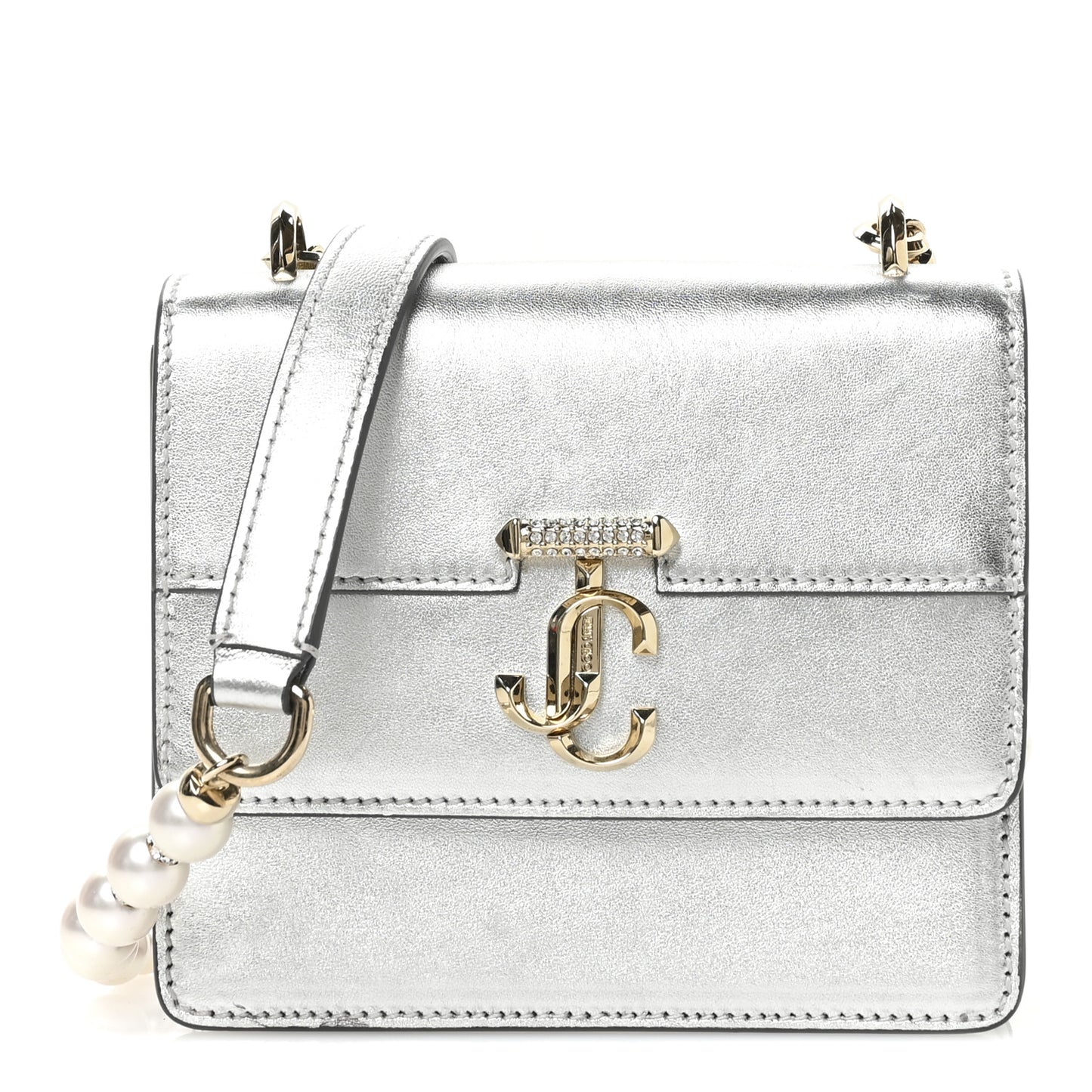 Metallic Calfskin Pearl Varenne Crystal Bar Avenue Chain Clutch Silver