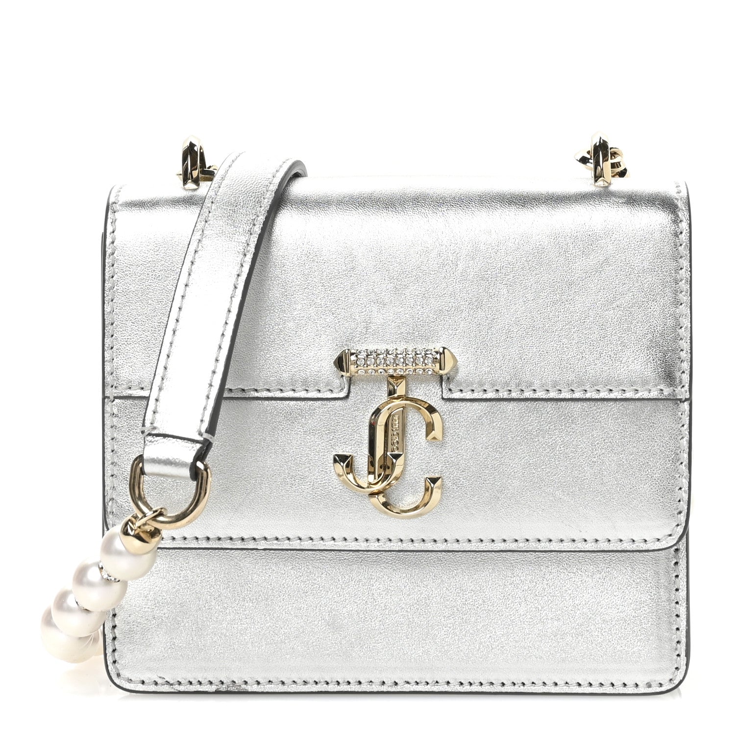 Jimmy Choo Metallic Calfskin Pearl Varenne Crystal Bar Avenue Chain Clutch Silver 1 of 9