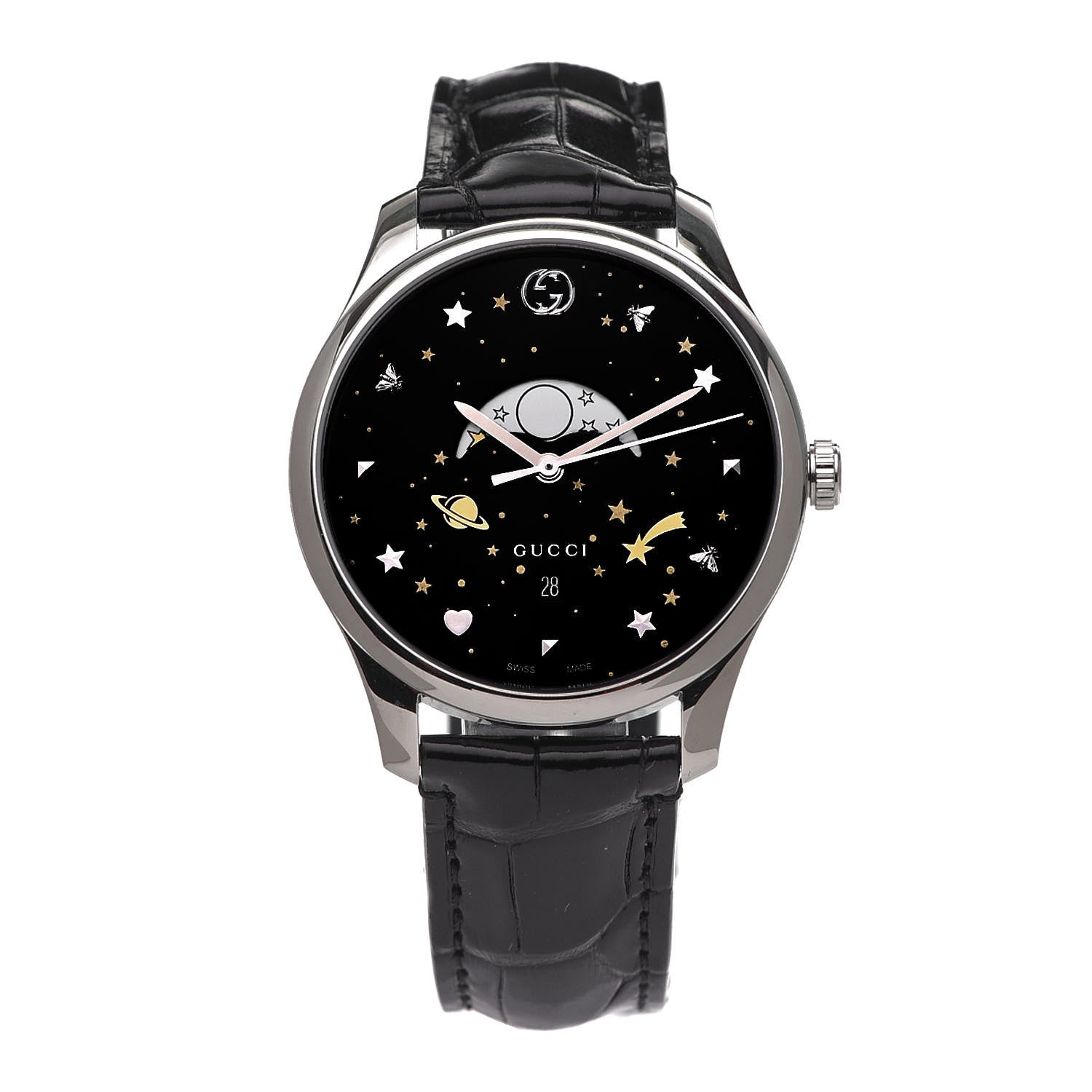 Gucci Stainless Steel Alligator 40mm G-Timeless Moonphase Star Planet Quartz Watch Black 1 of 5