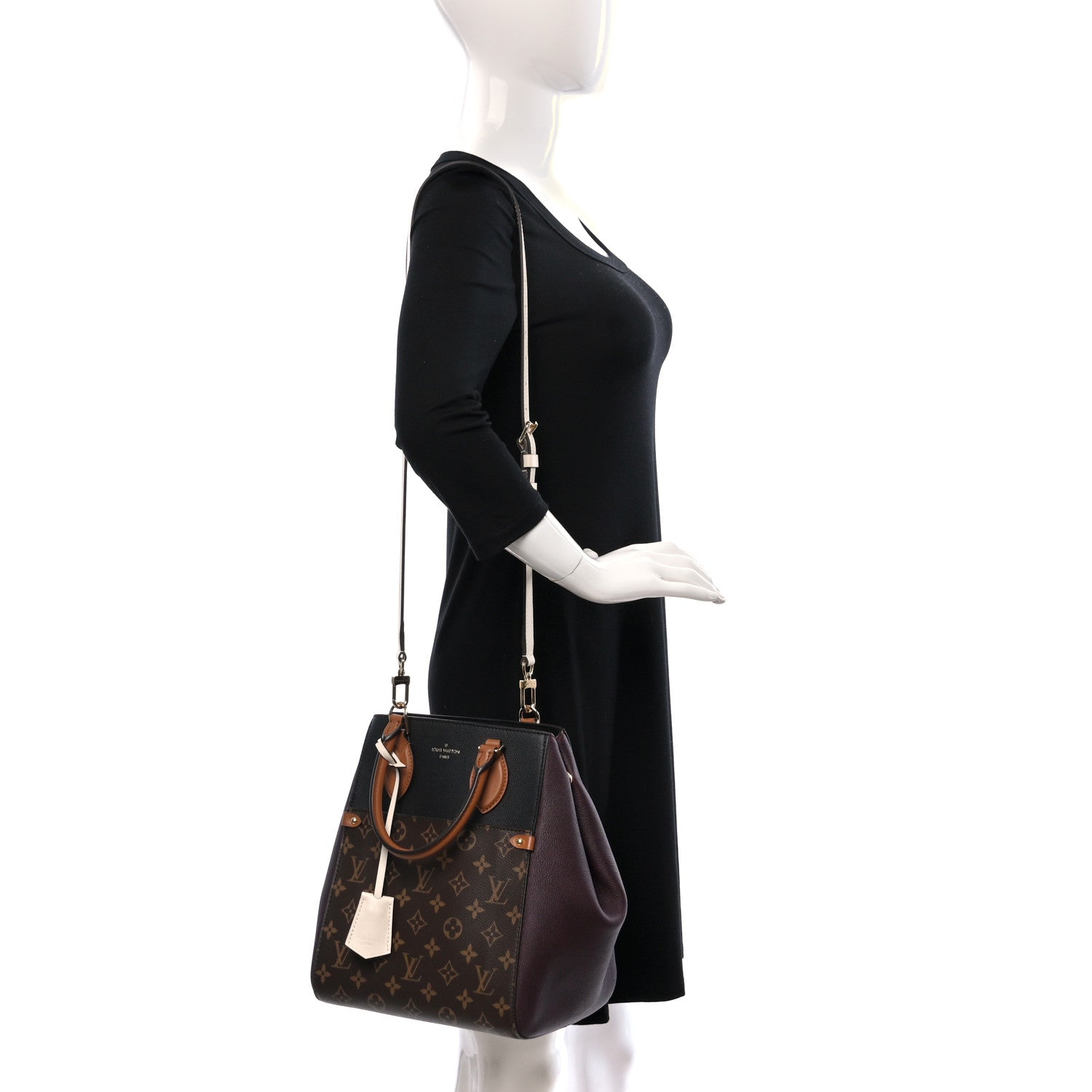 Louis Vuitton Calfskin Monogram Fold Tote MM Black Wine Cream 2 of 7