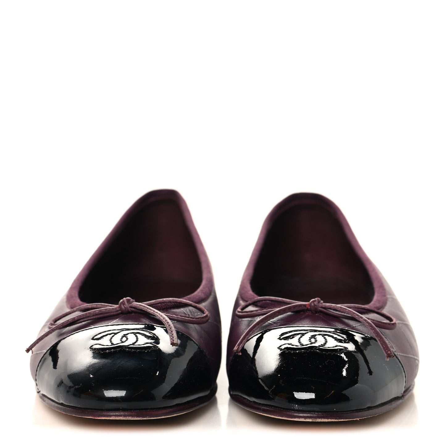 Printed Lambskin Patent CC Cap Toe Ballerina Flats 38 Burgundy Black