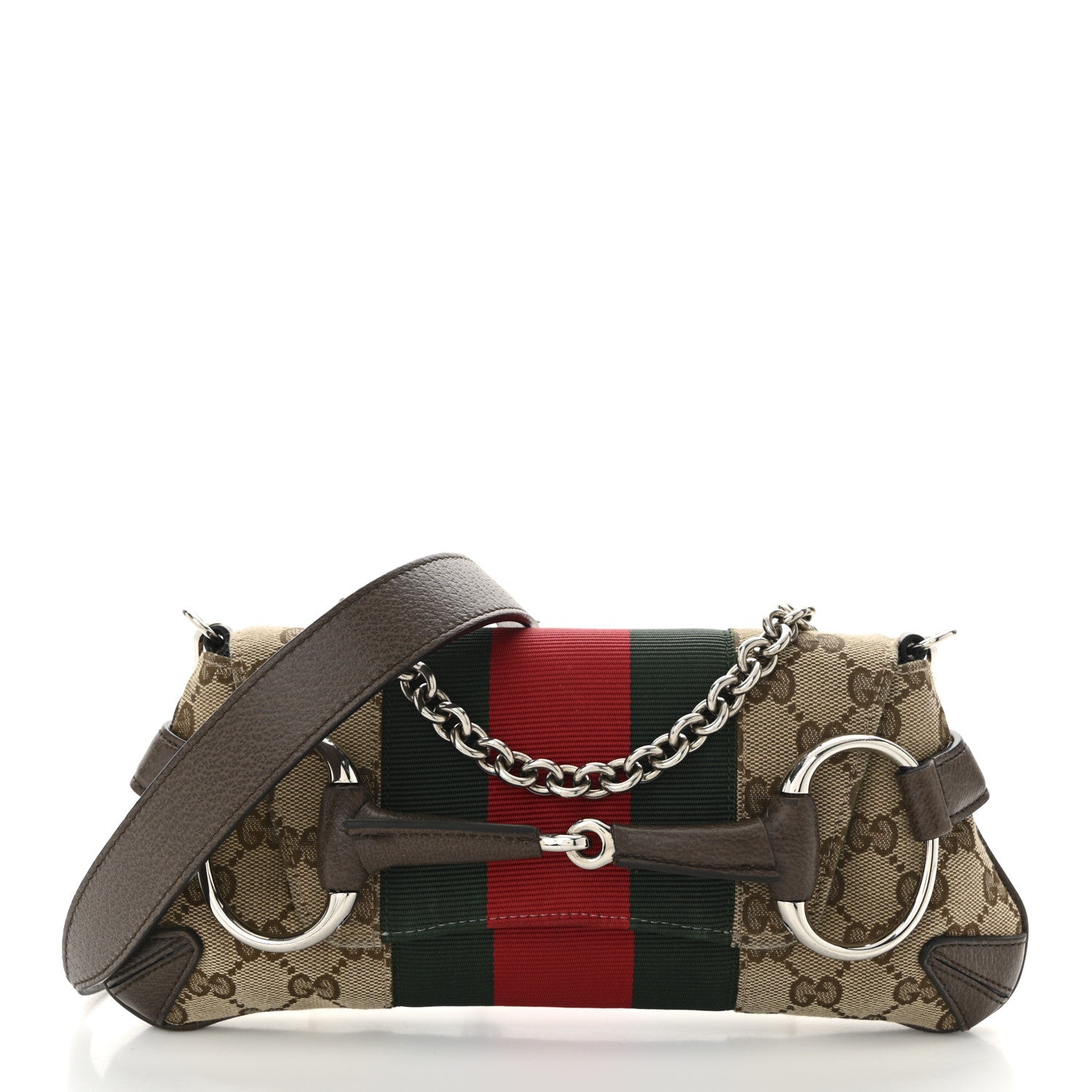 Gucci Monogram Textured Dollar Calfskin Heavy Grosgrain Web Medium Maxi Horsebit Chain Shoulder Bag Beige Ebony New Acero 1 of 11