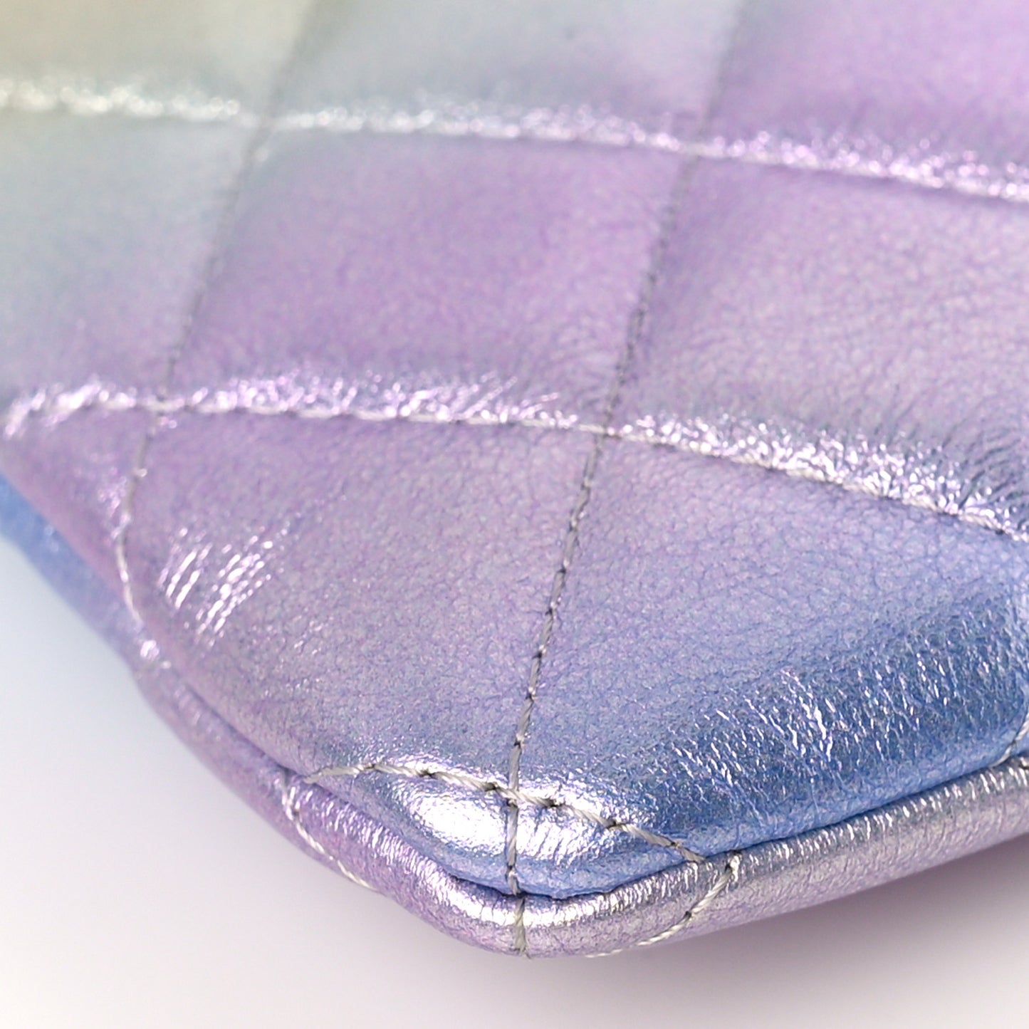 Gradient Metallic Calfskin Quilted Cosmetic Case Silver Blue Yellow Purple