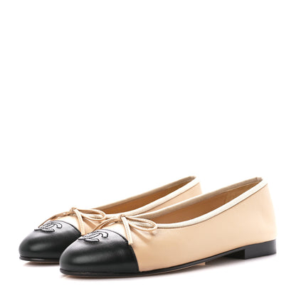 Chanel Lambskin Cap Toe CC Ballerina Flats 36 Beige Black 3 of 11
