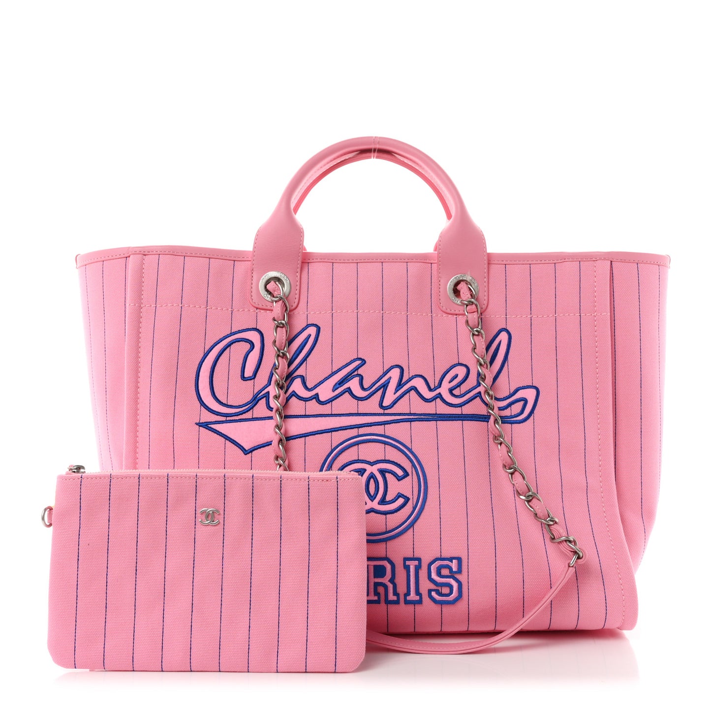 Canvas Calfskin Striped Large Deauville Tote Pink Blue