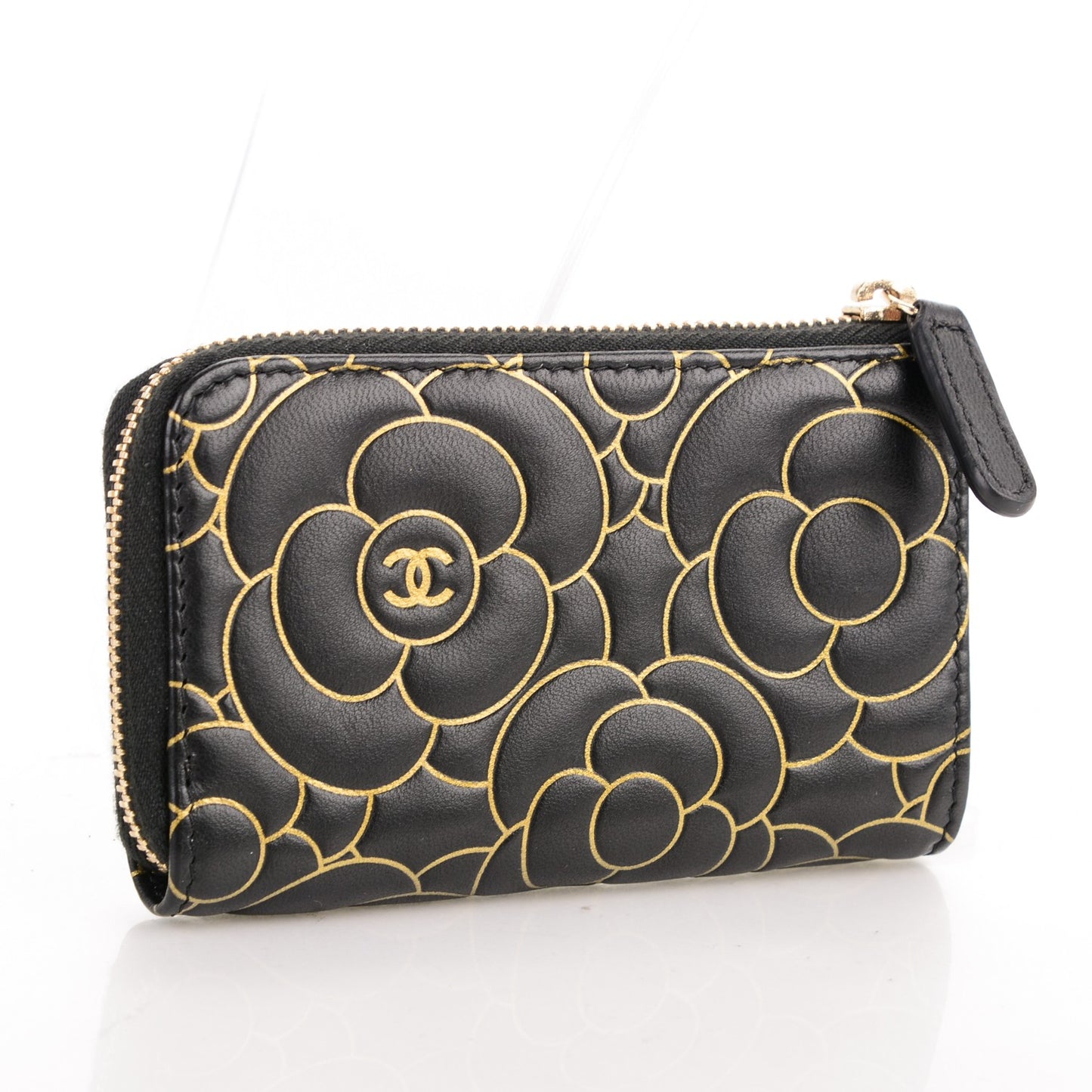 Lambskin Camellia Embossed Key Holder Case Black