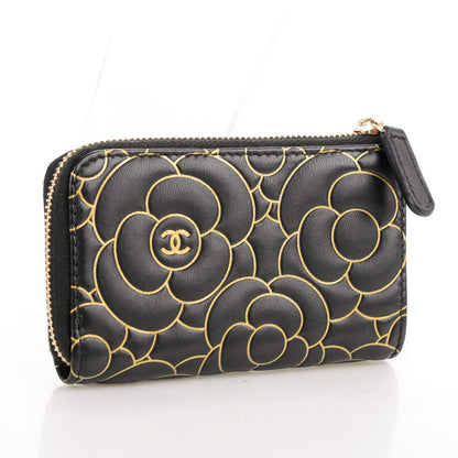 Chanel Lambskin Camellia Embossed Key Holder Case Black 3 of 7