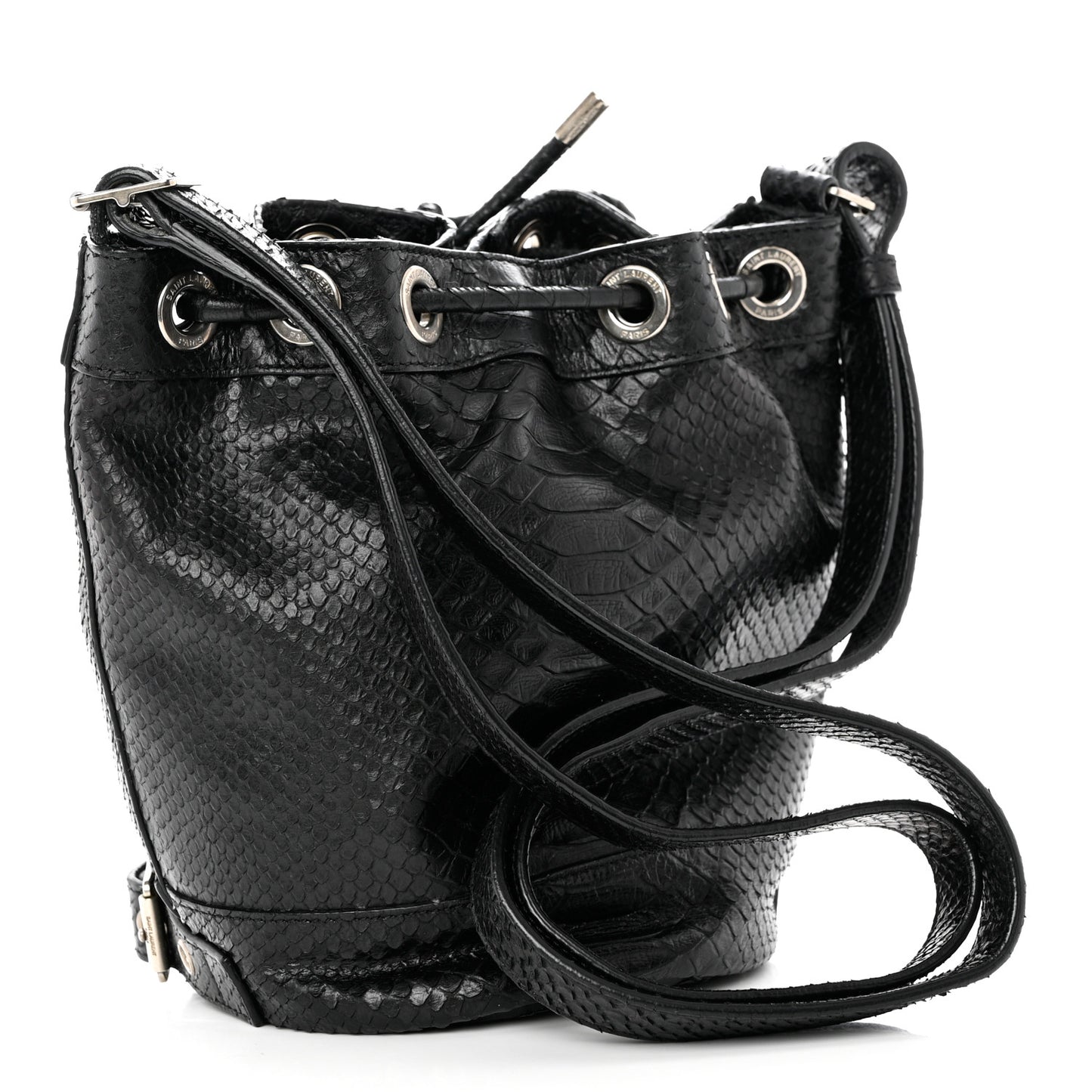 Calfskin Snakeskin Embossed Small Rider Bucket Bag Black