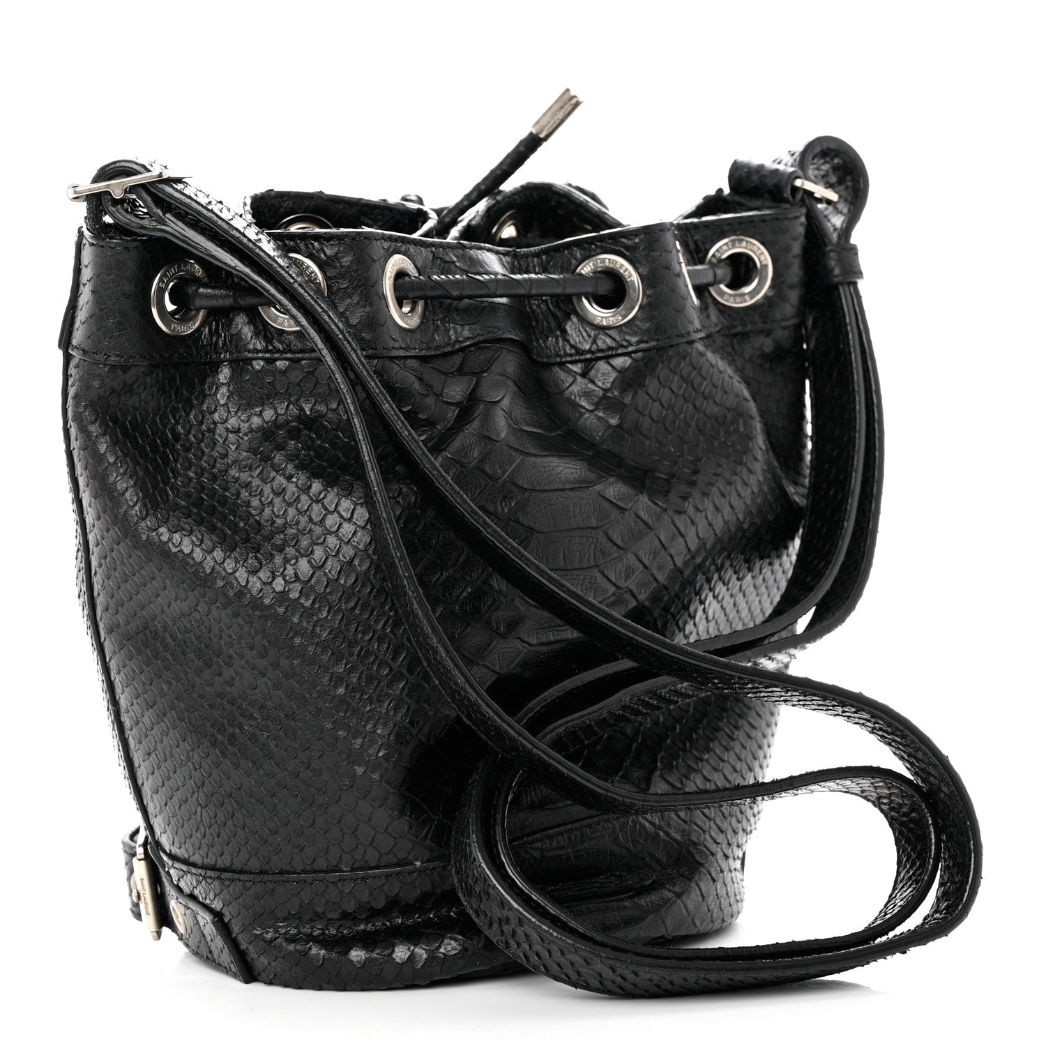 Saint Laurent Calfskin Snakeskin Embossed Small Rider Bucket Bag Black 2 of 8