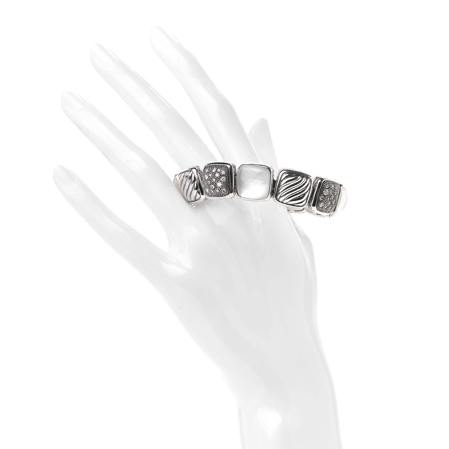 David Yurman Sterling Silver Diamond Quartz Mother of Pearl Chiclet One Row Bracelet 2 of 4