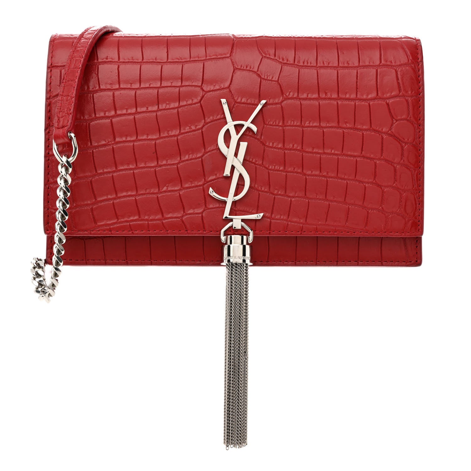 Saint Laurent Calfskin Crocodile Embossed Kate Monogram Tassel Chain Wallet Rouge Eros 1 of 14