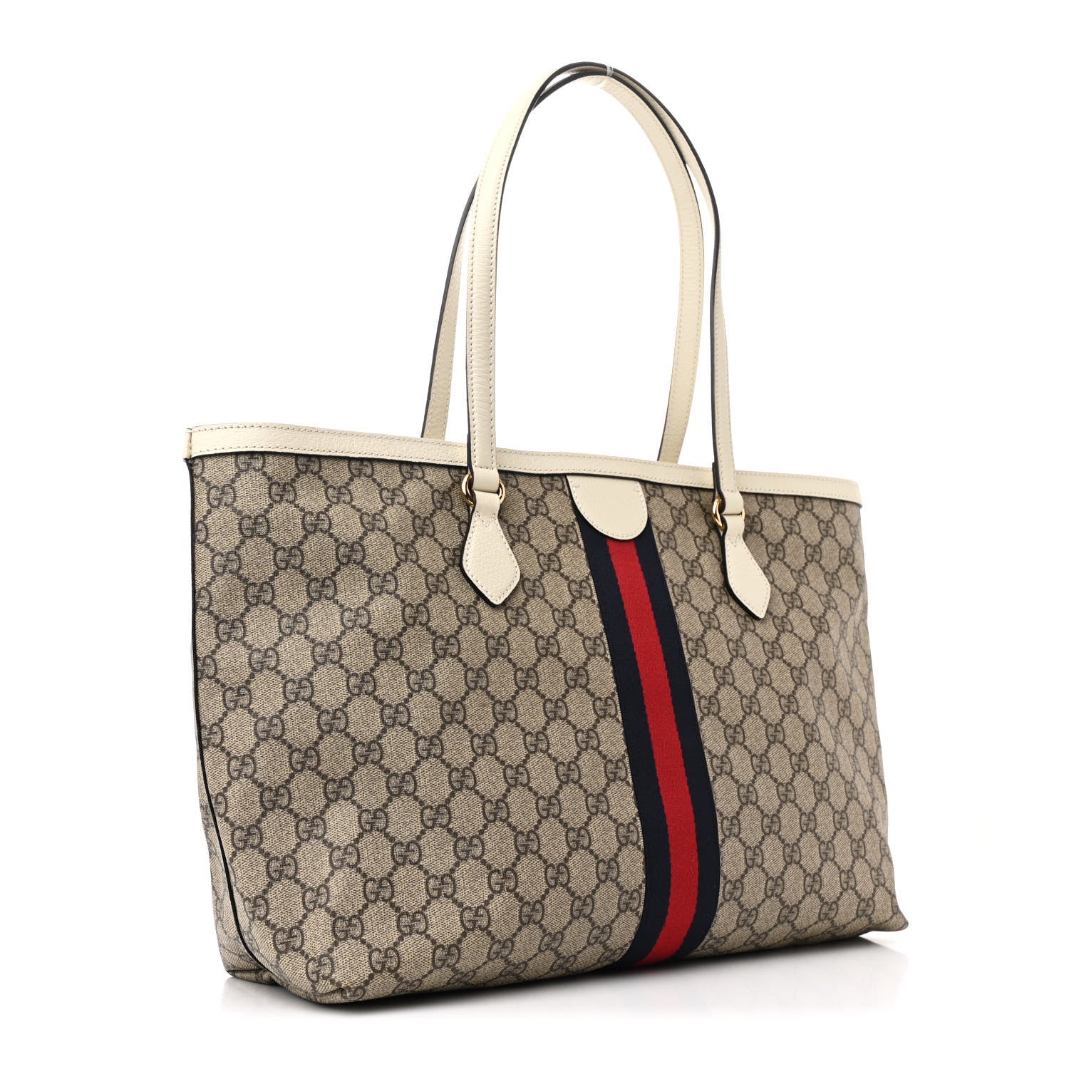 Gucci GG Supreme Monogram Textured Dollar Calfskin Web Medium Ophidia Shopping Tote Beige Ebony Mystic White 3 of 12