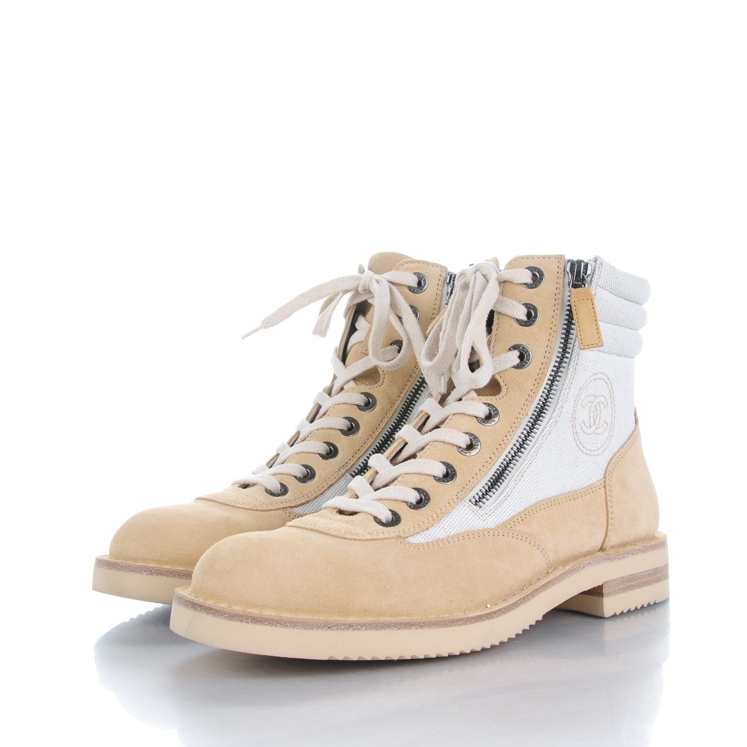 Chanel Toile Suede Calfskin CC Lace Up Short Boots 39 Light Beige 3 of 9