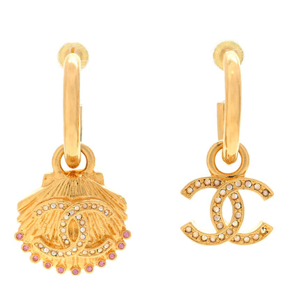 Chanel Crystal CC Shell Hoop Earrings Gold Pink 1 of 5