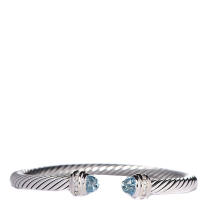 David Yurman Sterling Silver 18K White Gold Diamond Blue Topaz 5mm Cable Classics Bracelet 1 of 5