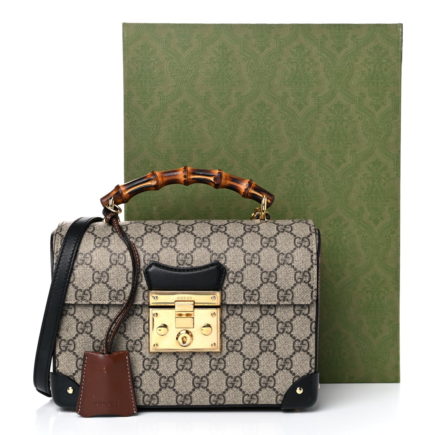 GG Supreme Monogram Small Padlock Bamboo Shoulder Bag Beige Black Cuir