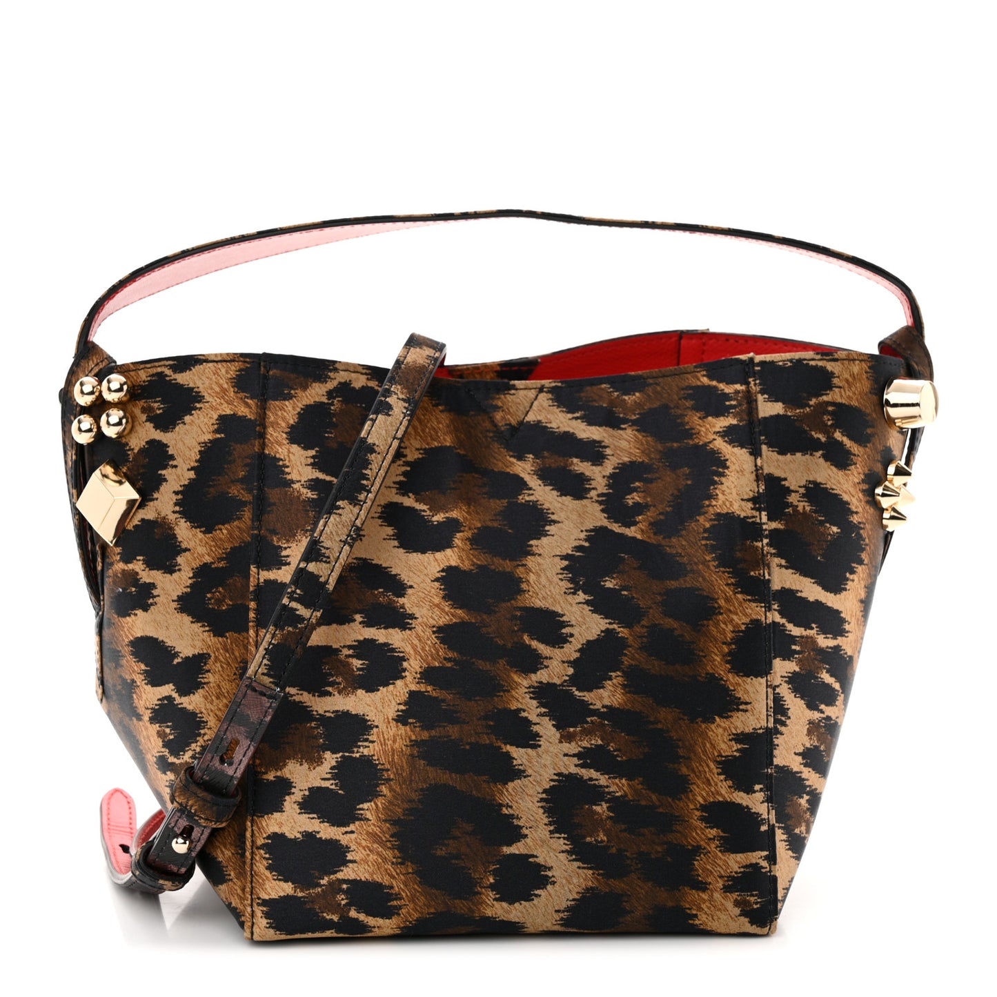 Crepe Satin Leopard Print Empire Spike Studded Mini Cabachic Bucket Bag Brown