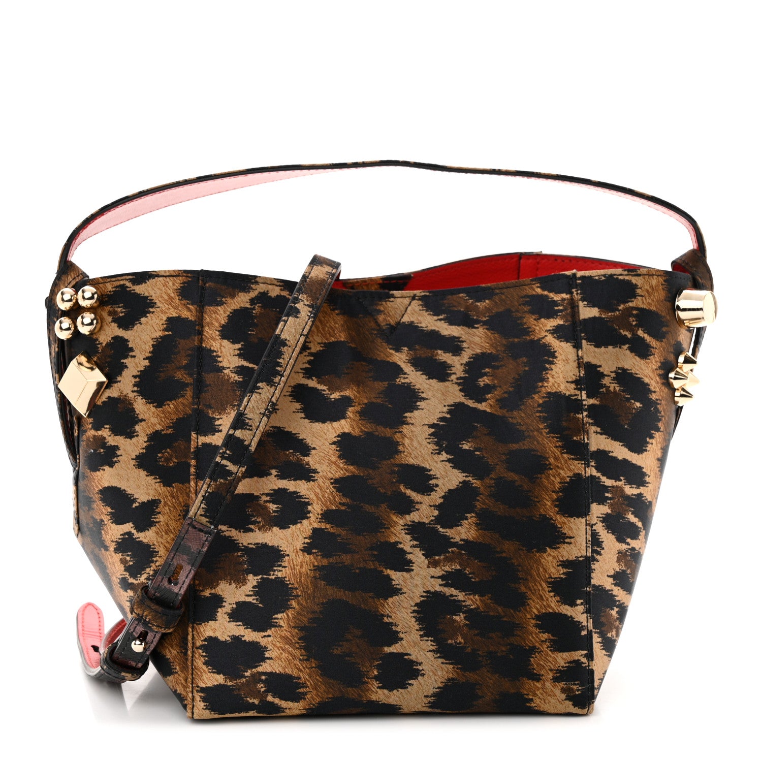 Christian Louboutin Crepe Satin Leopard Print Empire Spike Studded Mini Cabachic Bucket Bag Brown 1 of 10