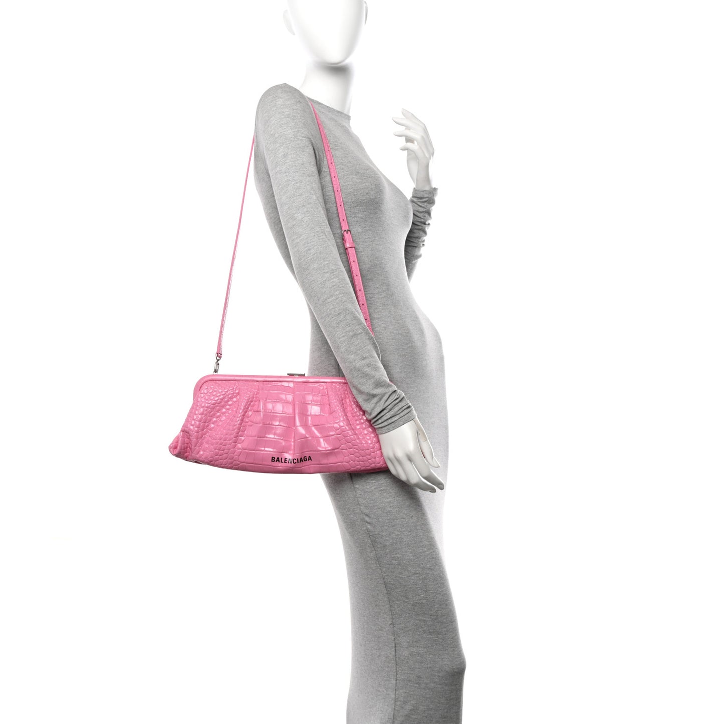 Shiny Supple Calfskin Logo Crocodile Embossed XL Cloud Clutch Pink