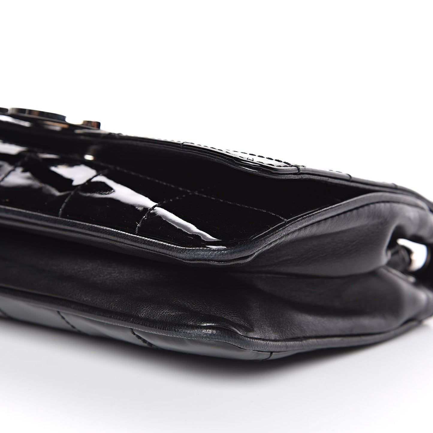 Patent Square Stitched CC Flap Clutch Black