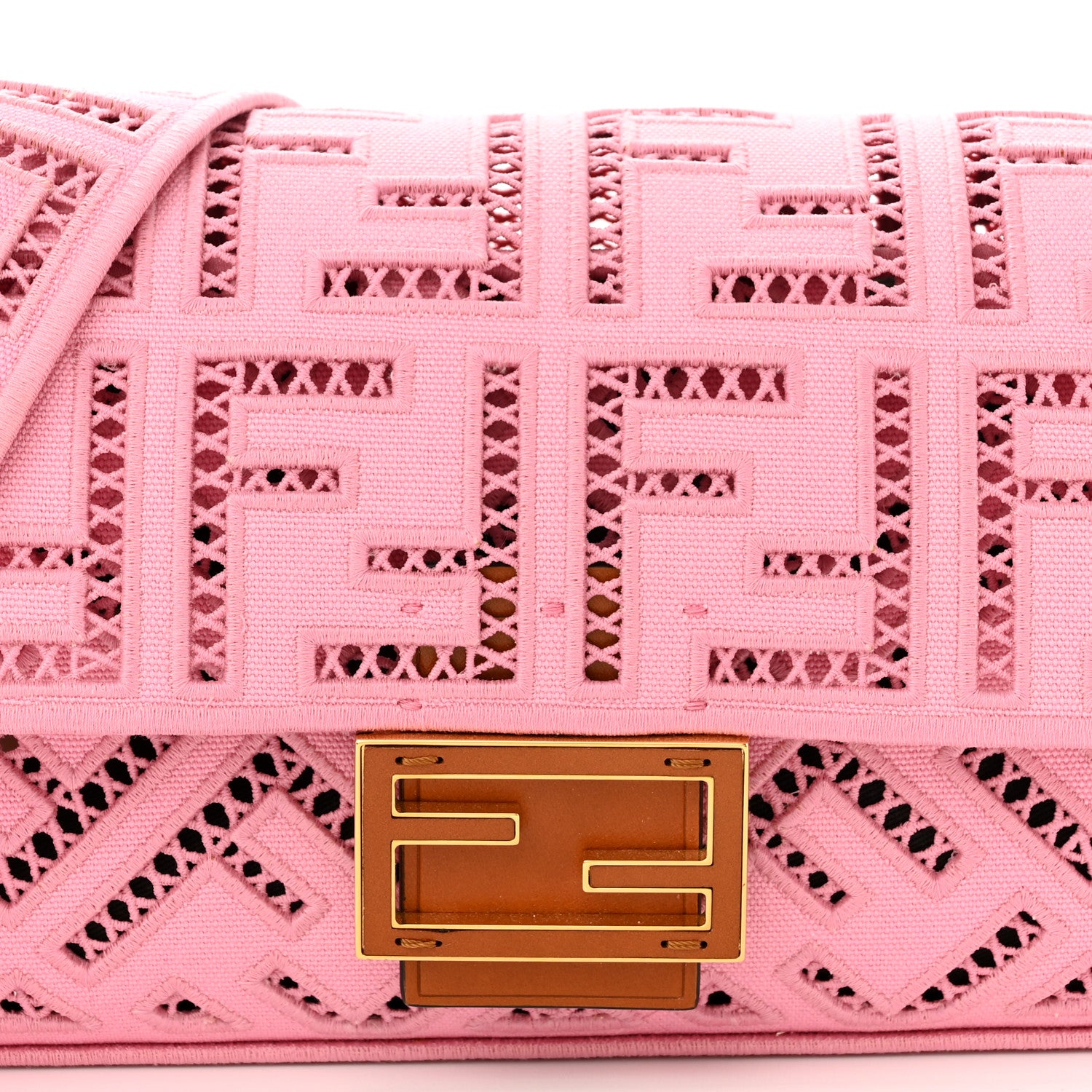 Fendi Canvas Cuoio Agata FF Ajour Embroidered Baguette Ciclamino Cuoio 7 of 9