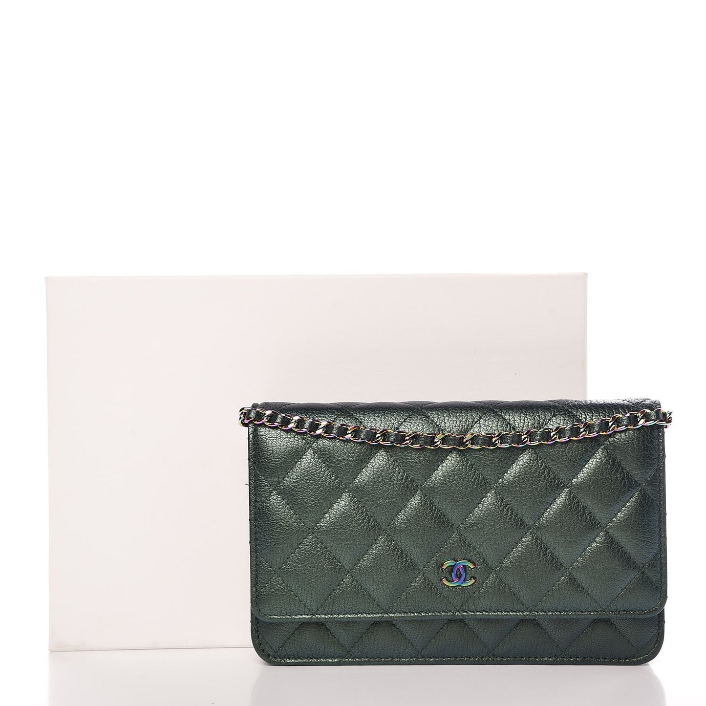 Iridescent Goatskin Quilted Wallet On Chain WOC Green