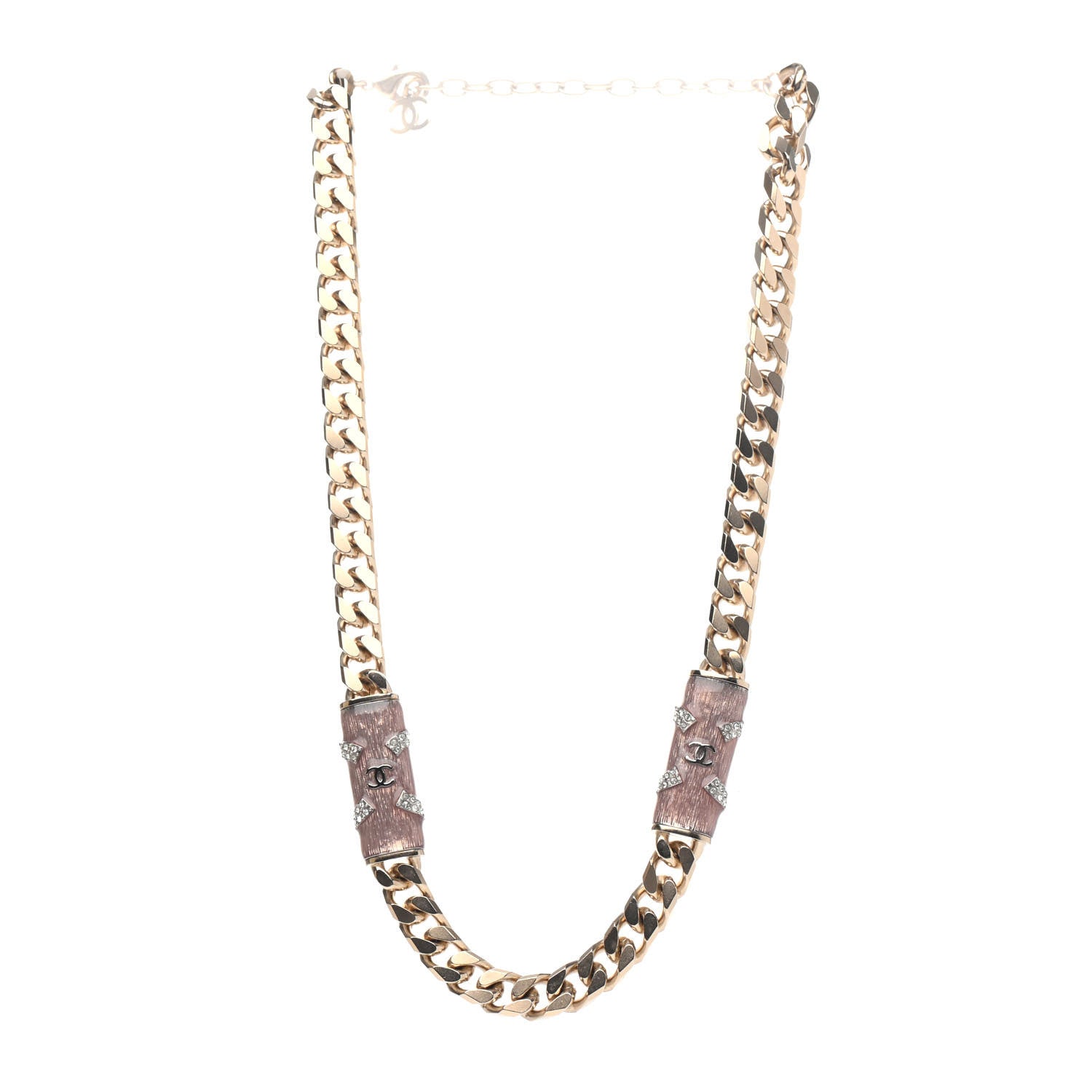 Chanel Crystal Strass CC Necklace Light Gold Pink 2 of 4