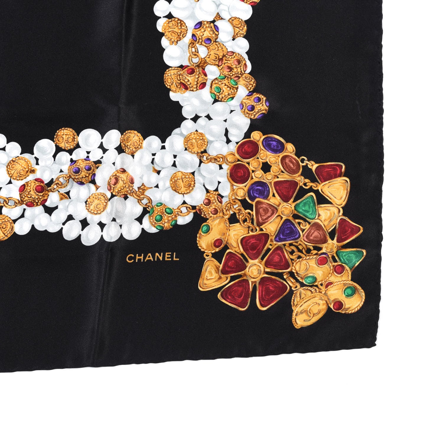 Chanel Silk Pearl Jewel Chain Print Scarf Black 3 of 3