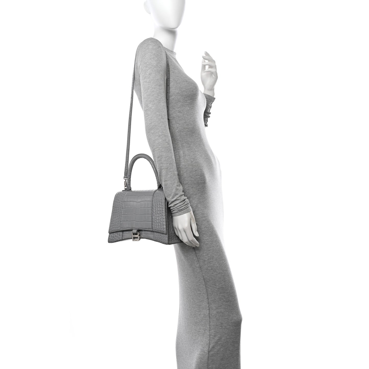 Shiny Calfskin Crocodile Embossed Medium Hourglass Top Handle Bag Balenciaga Grey