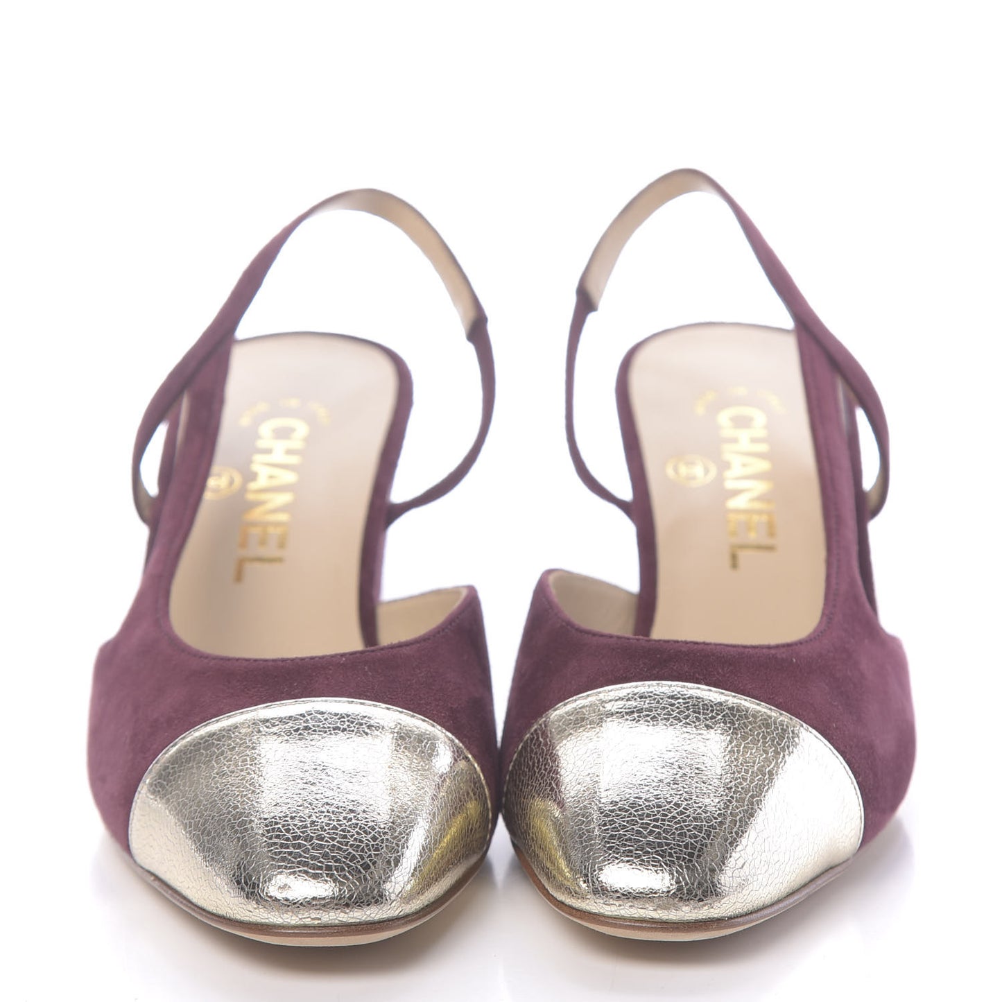 Kid Suede Metallic Lambskin Cap Toe CC Slingback Pumps 36 Burgundy Gold