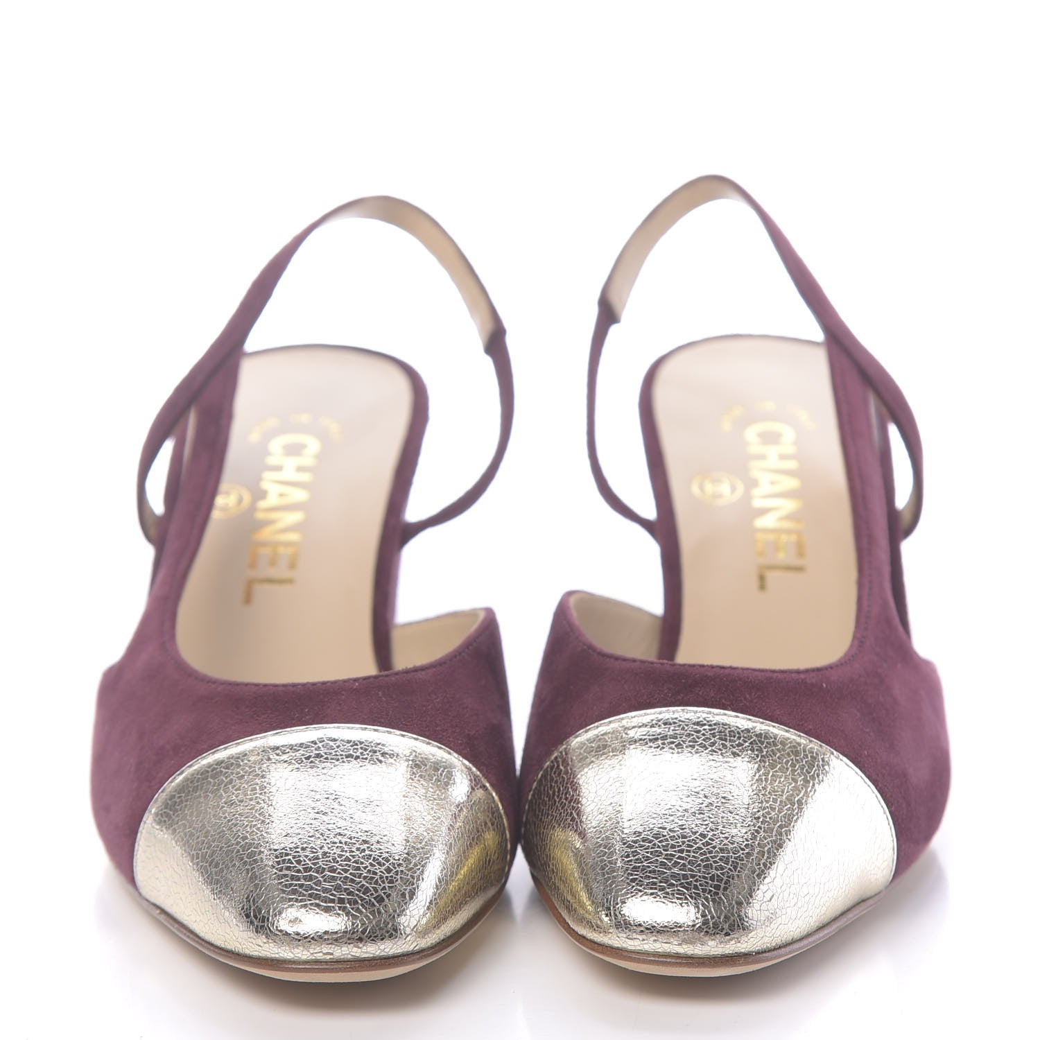 Chanel Kid Suede Metallic Lambskin Cap Toe CC Slingback Pumps 36 Burgundy Gold 2 of 9
