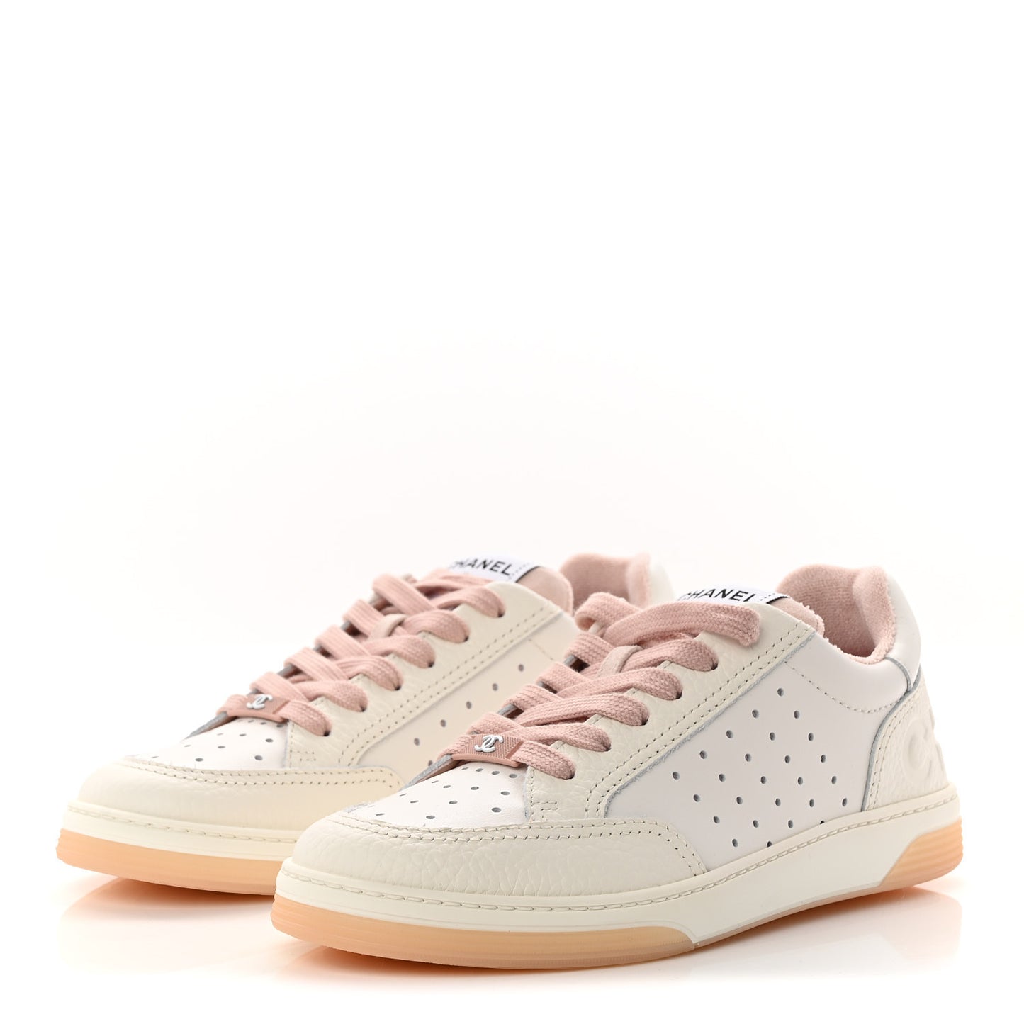 Grained Calfskin Fabric Womens Logo Sneakers 37 White Light Pink