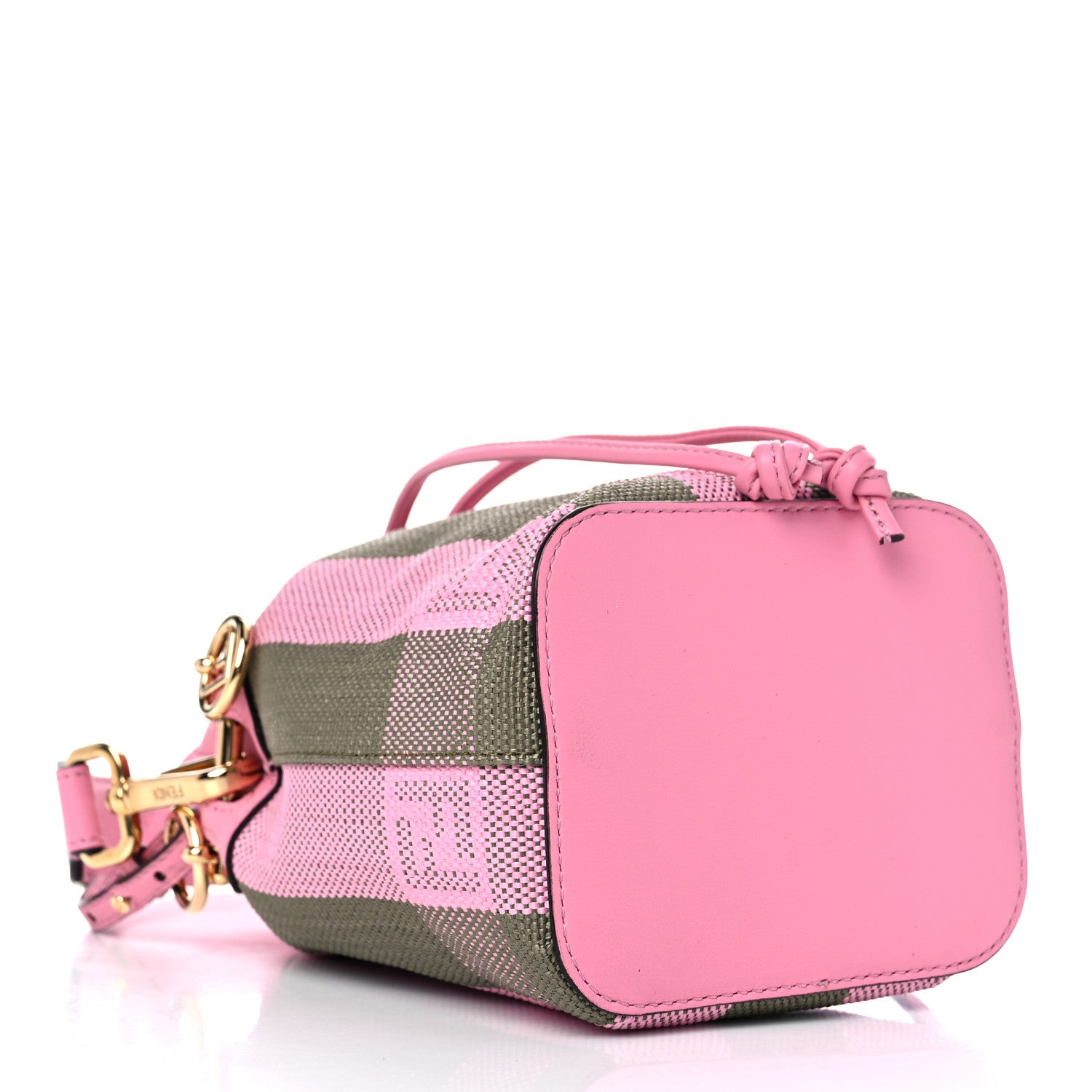 Fendi Raffia Vitello Seta F is Fendi Pequin Gingham Woven Mini Mon Tresor Bucket Bag Military Rosa Lollypop 4 of 10
