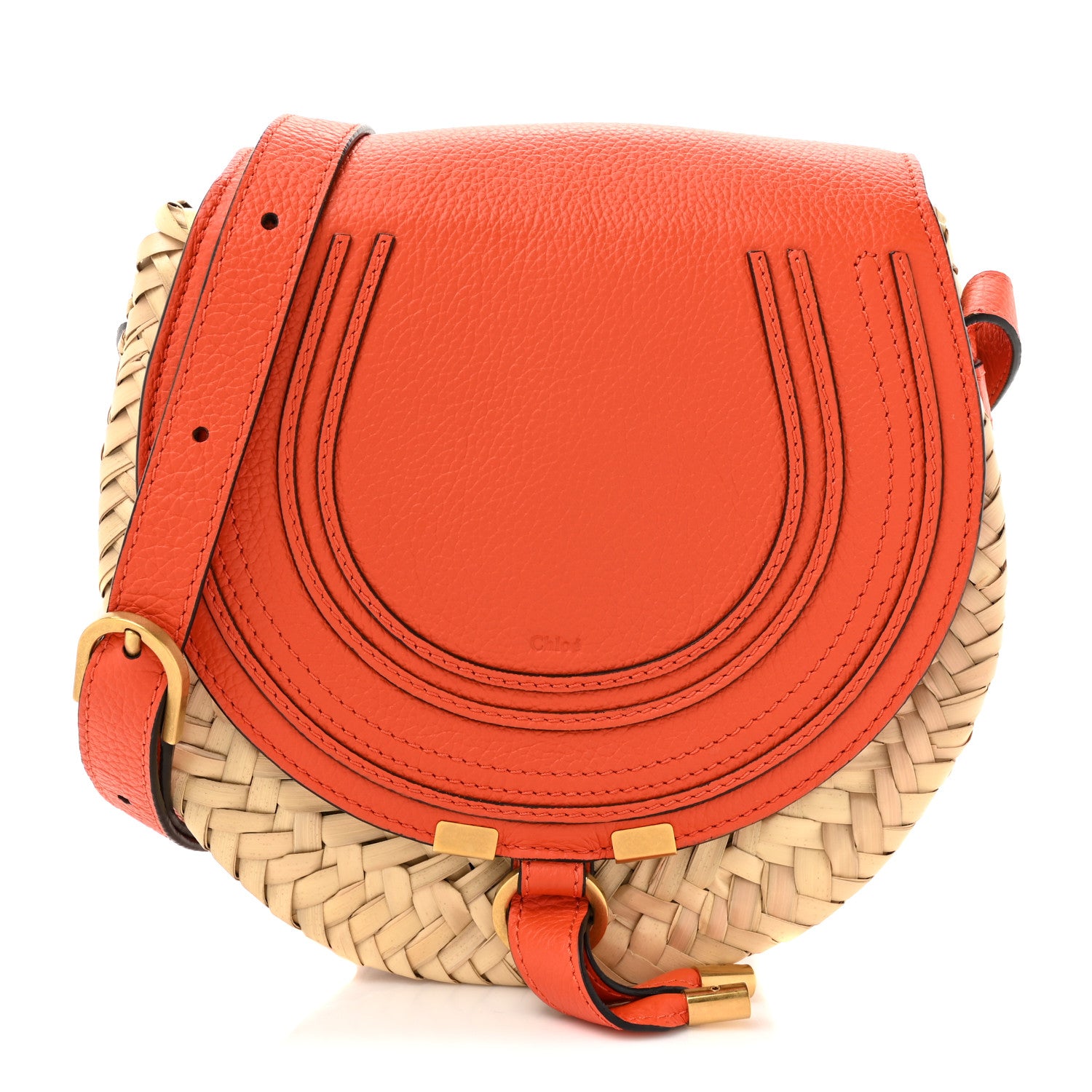 Chloe Grained Calfskin Palm Woven Small Marcie Basket Saddle Rusted Orange 1 of 10