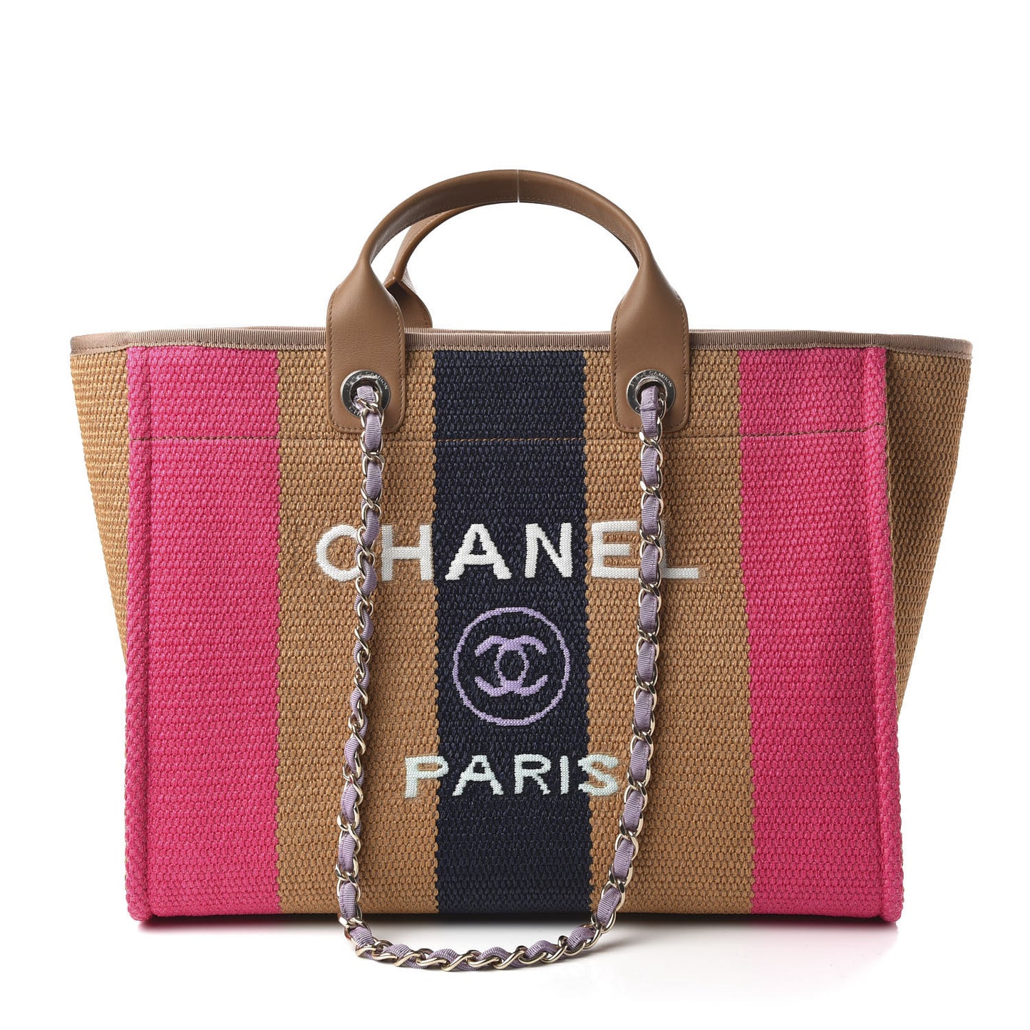Straw Raffia Calfskin Striped Medium Deauville Tote Dark Beige Fuchsia Navy Blue