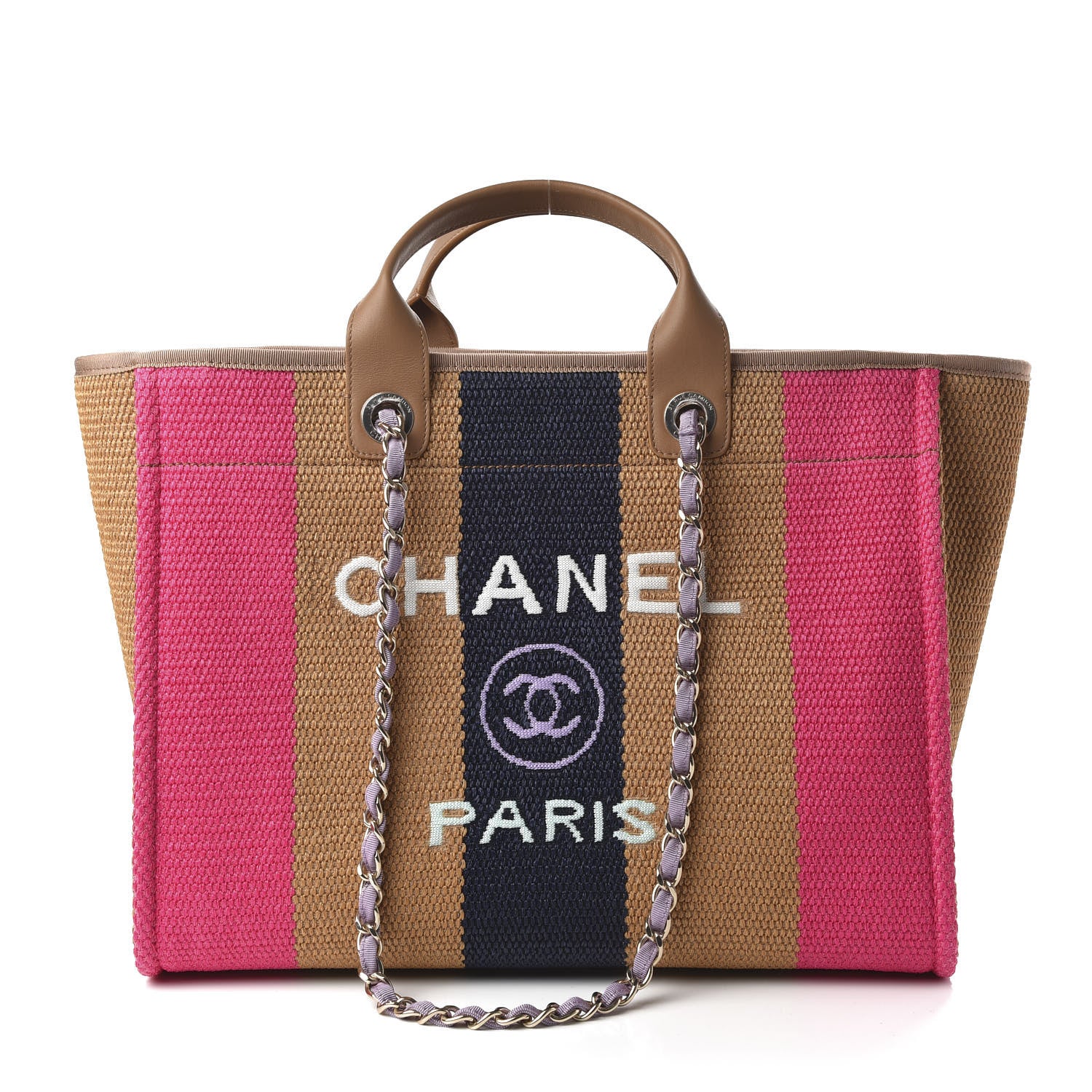 Chanel Straw Raffia Calfskin Striped Medium Deauville Tote Dark Beige Fuchsia Navy Blue 1 of 10