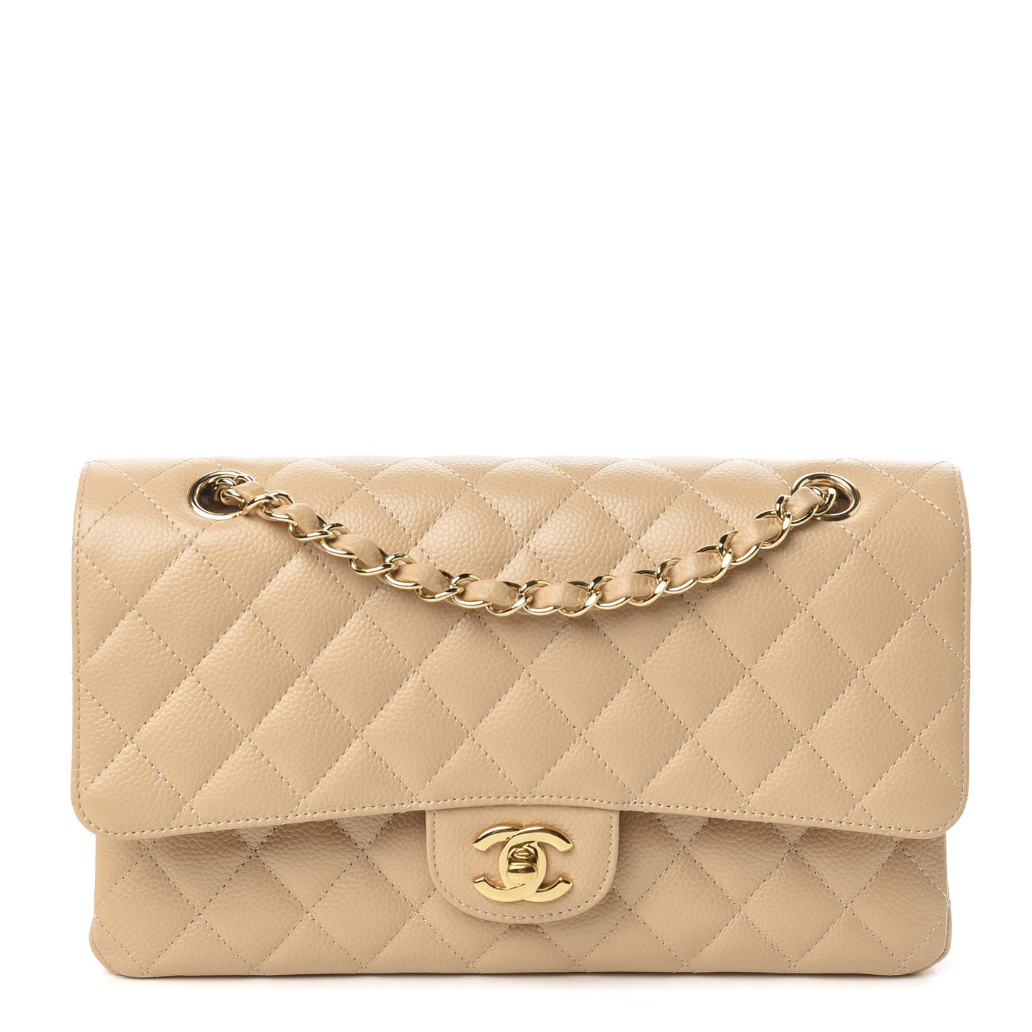 Caviar Quilted Medium Double Flap Beige