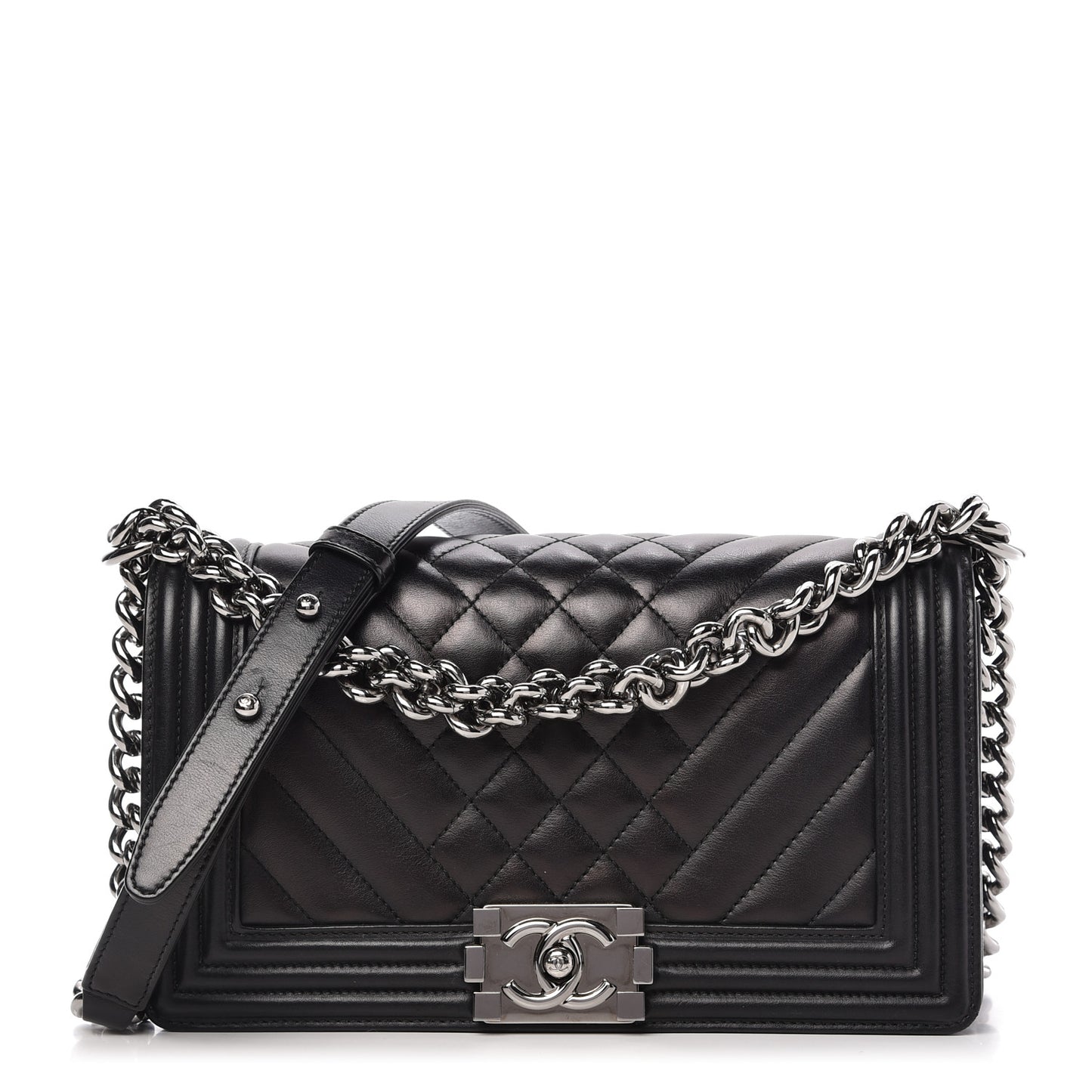 Calfskin Chevron Quilted Medium Boy Flap Black