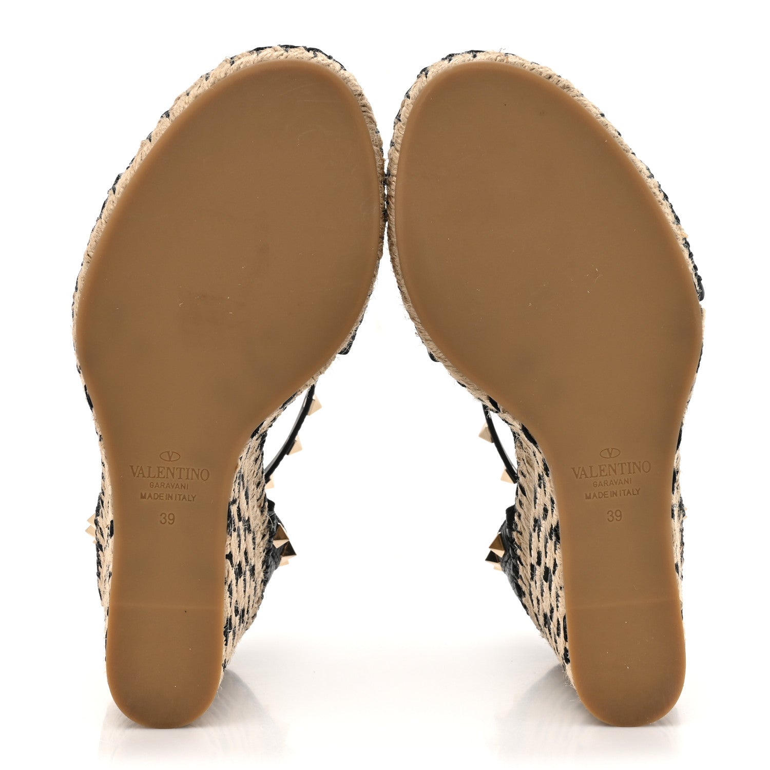 Valentino Garavani Grained Calfskin Rockstud Ankle Strap Espadrille 15/105mm Wedge Sandals 39 Black Natural 5 of 9