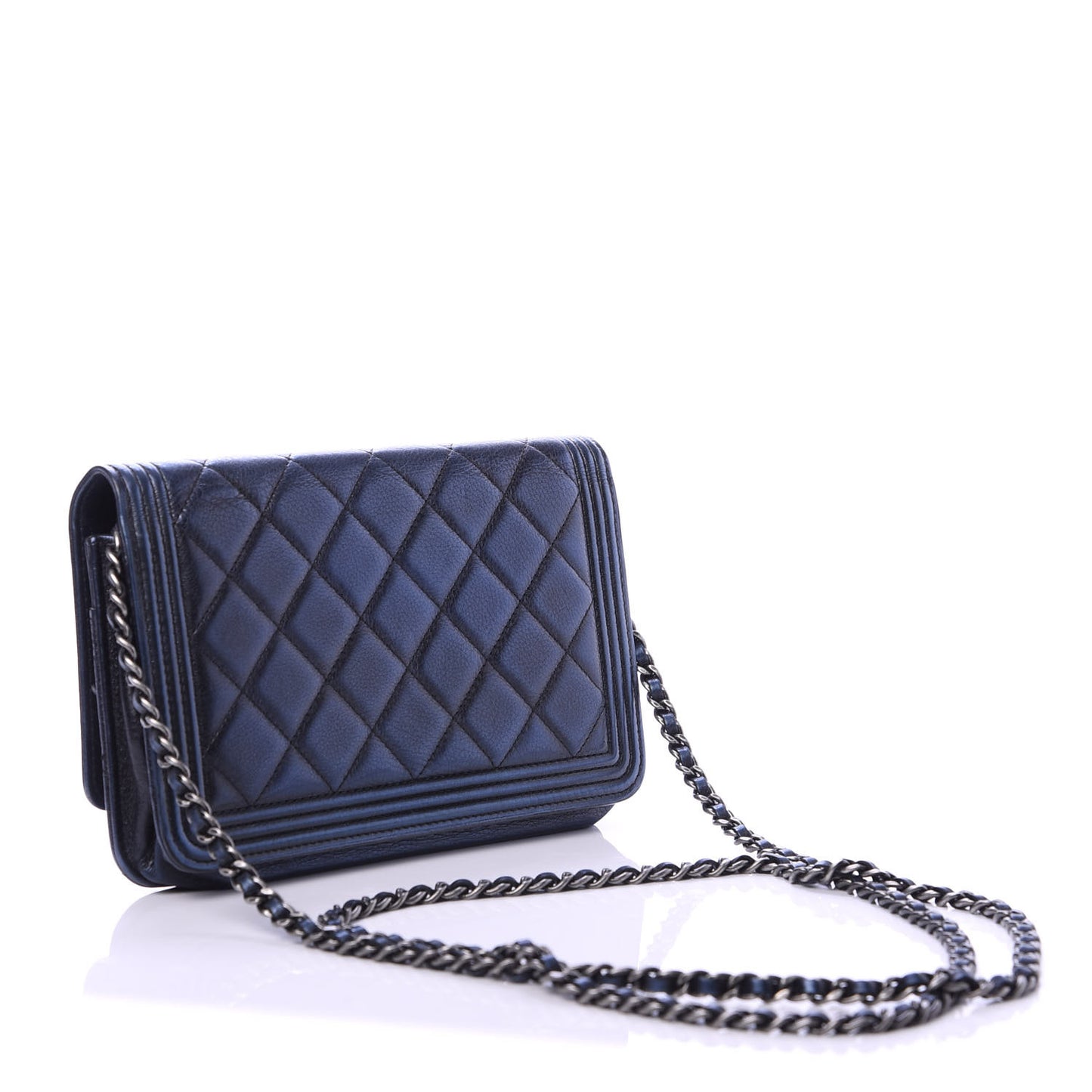 Metallic Calfskin Quilted Boy Wallet On Chain WOC Navy Blue
